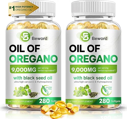 Aceite de orégano con aceite de semilla negra, 90280560840 cápsulas blandas, 9000 mg por porción - Suplemento de orégano 2 en 1 para la salud