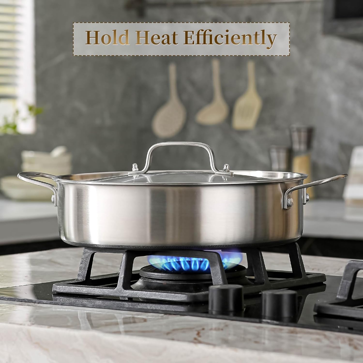 DELARLO 7Quart Tri-Ply Stainless Steel Non Stick Braiser Pan with Lid,Deep Frying Pan,Large Induction Skillet,Jumbo Cooker,Heavy Duty and Oven Safe.Large Saute Pan,Dishwasher and Oven Safe to 550℉