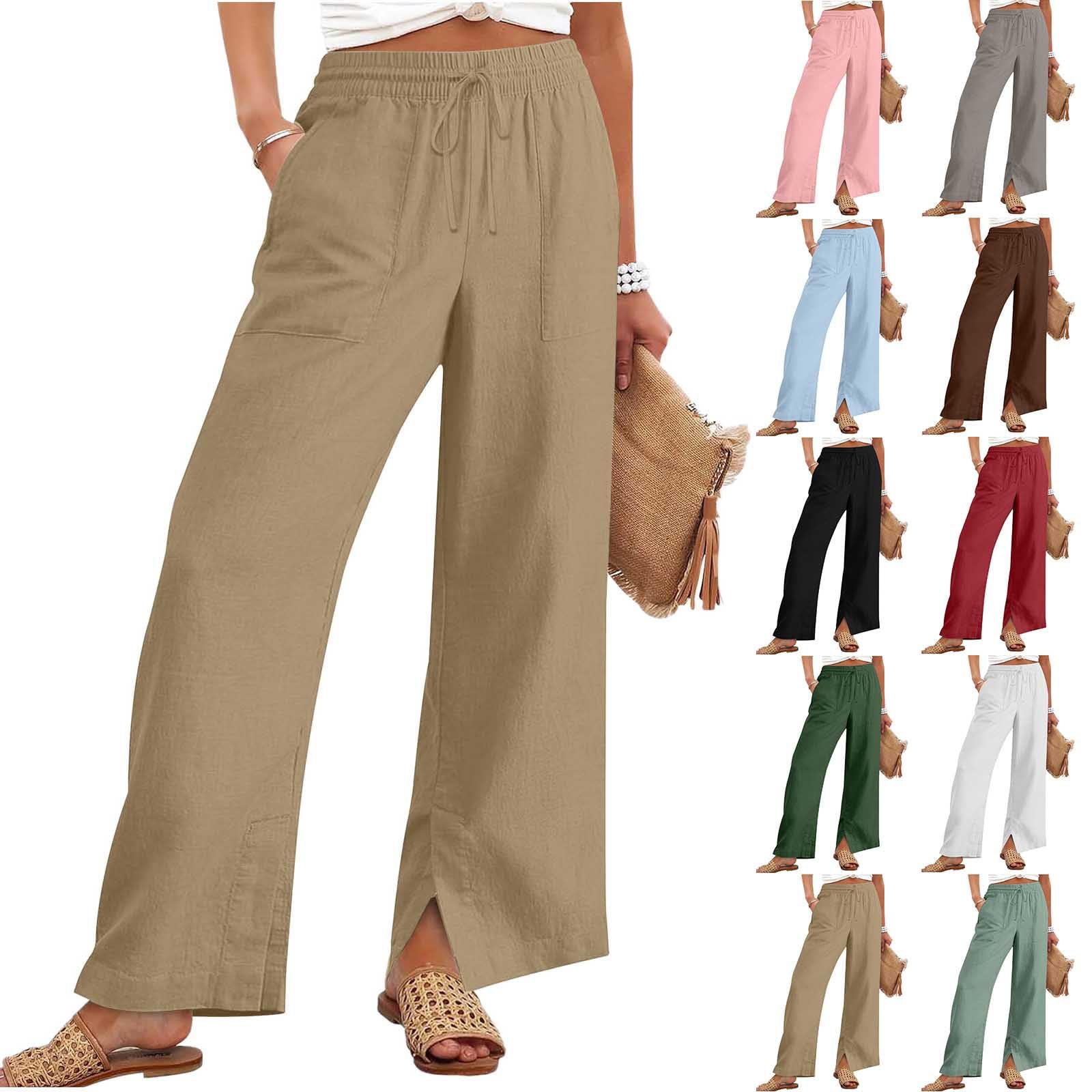 Linen Pants Women Wide Leg Drawstring Waist Palazzo Pant Casual Boho Beach Vacation Spring Summer Lounge Trousers
