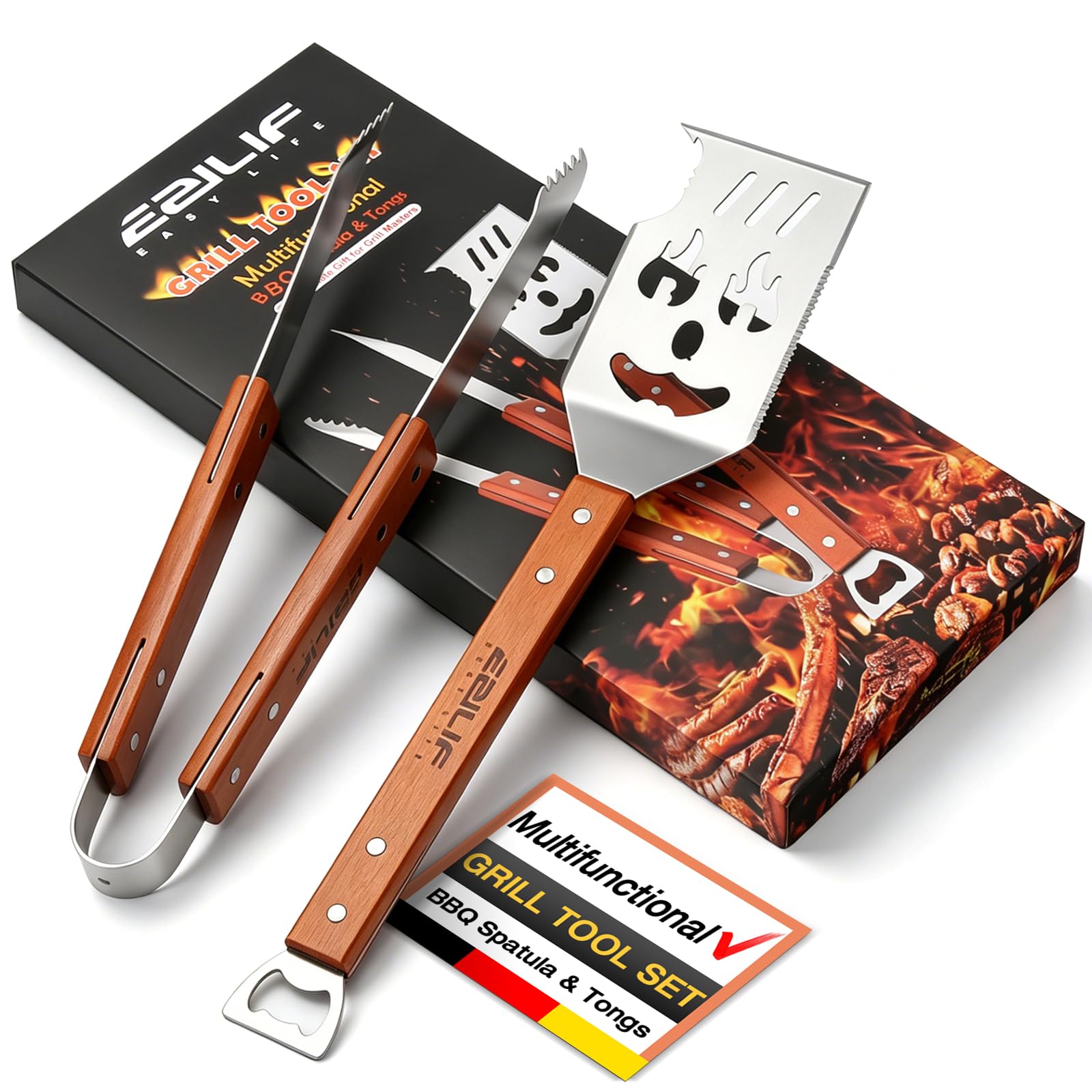 Ezilif Multifunctional BBQ Tools set, 7-in-1 Grill Spatula and Tongs, Stainless Steel Barbecue Accessories with Long Anti-Scald Wooden Handle, for Men Dad Birthday Father's Day Christmas