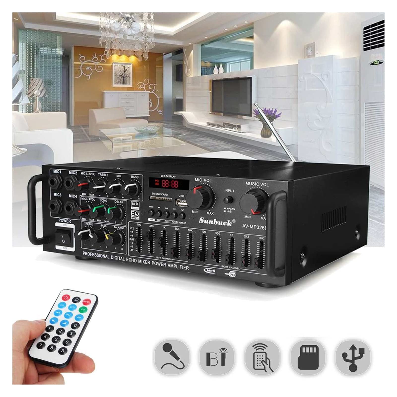 Amplificador de Potencia, Amplificador HiFi de 2 Canales, Amplificador Subwoofer reproducción Alta resolución, Potencia, USB SD con Mando a Distancia