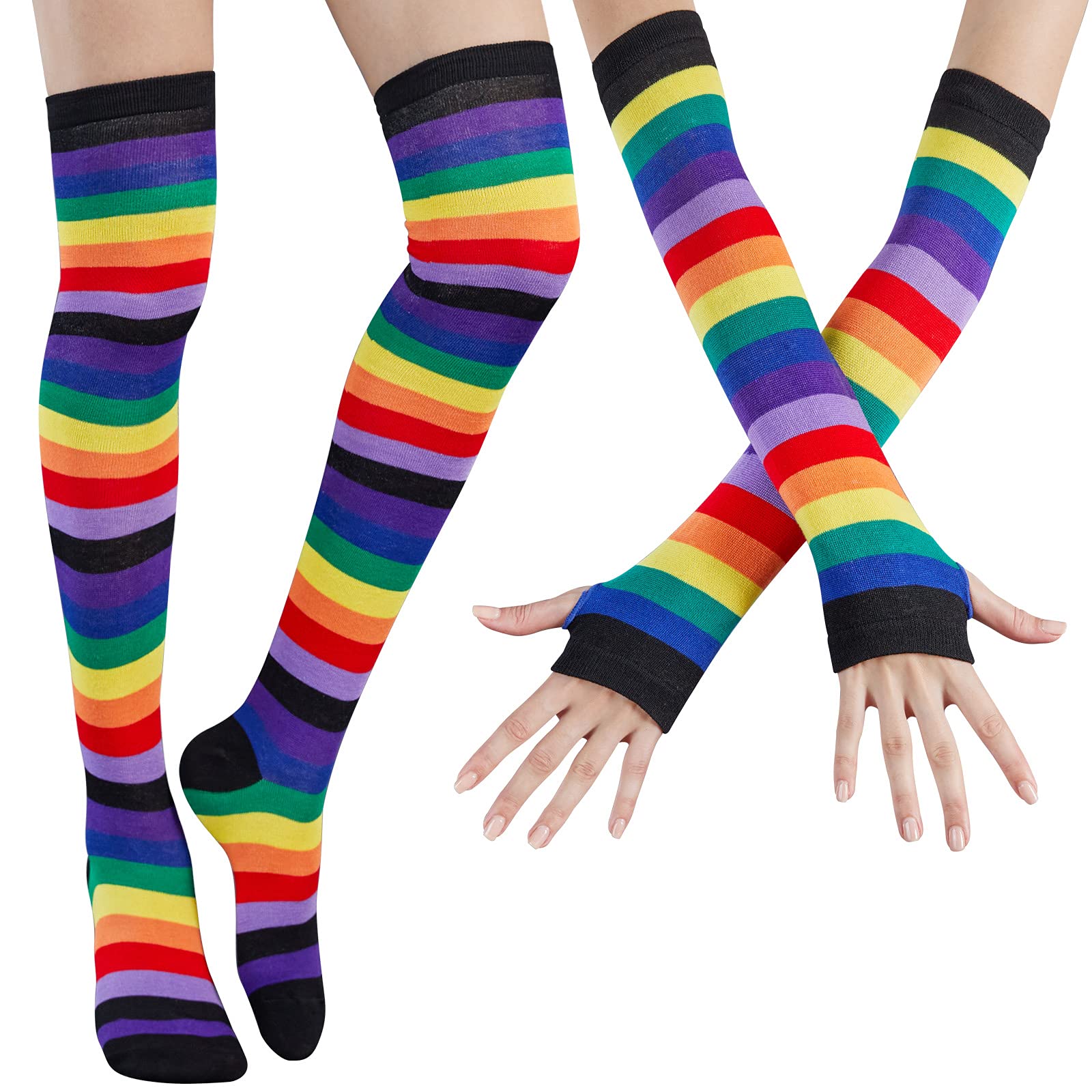 Dreshow Women's Rainbow B Socks Striped Knee High Socks Arm Warmer Fingerless Gloves Set