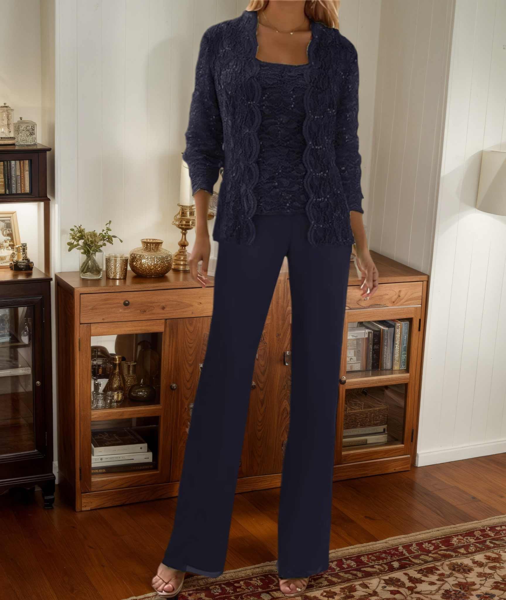 3 Teilig Chiffon Hosenanzug Damen Festlich Elegant - Spitze Pailletten Brautmutterkleider Große Größe Langarm Festlich Formelle Abendanzüge Sets