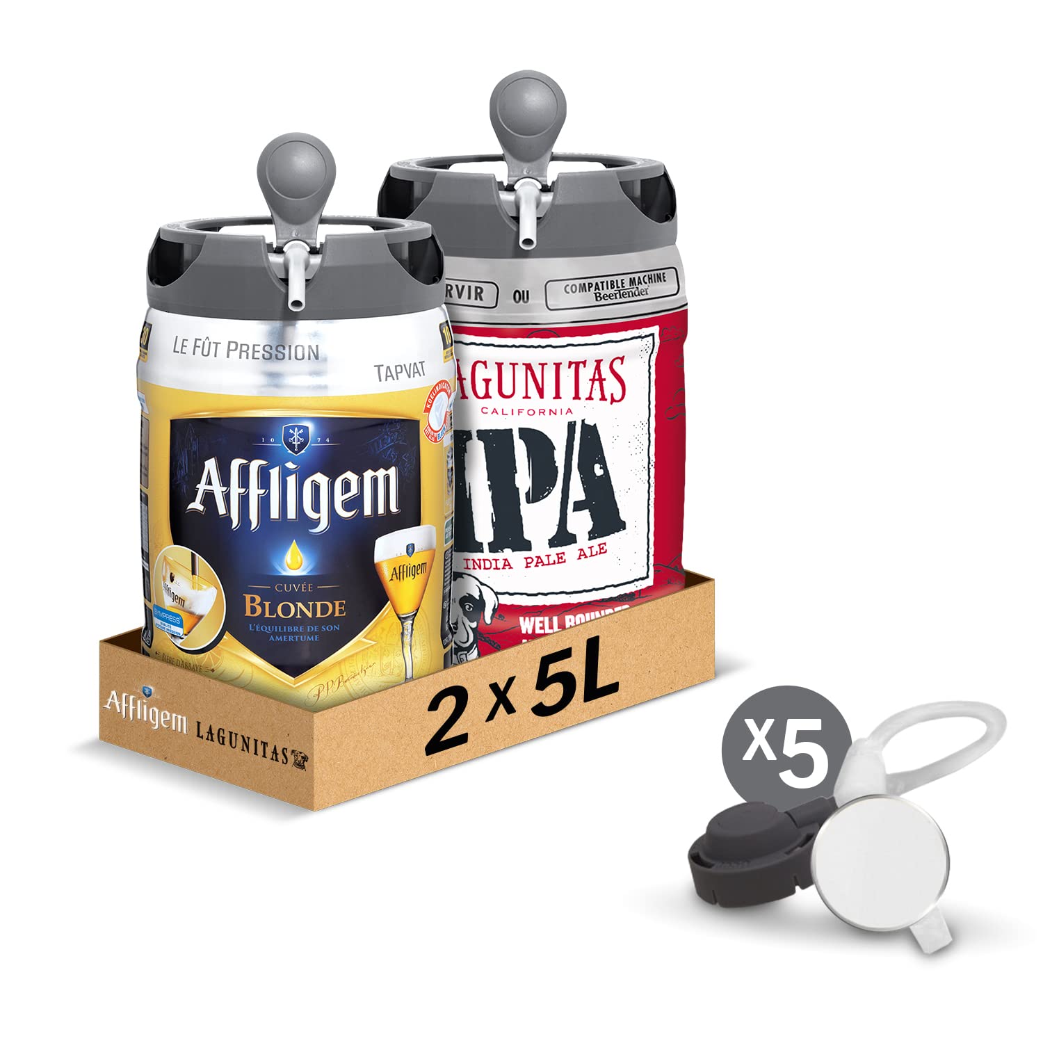 Affligem, Lagunitas - Pack de 2 Fûts 5L + 5 Tubes de Service - Bières Blondes 6,2° et 6,7° - Compatible Tireuse BeerTender, Utilisable sans Machine à Bière
