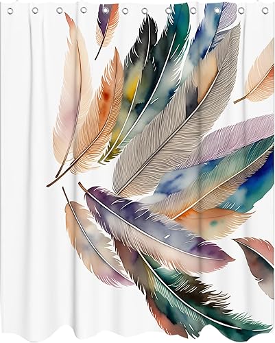 Feather Tribe - Juego de cortina de ducha de tela para bañeras de baño con 12 ganchos de poliéster de 72 x 72 pulgadas lavable a máquina marrón azul