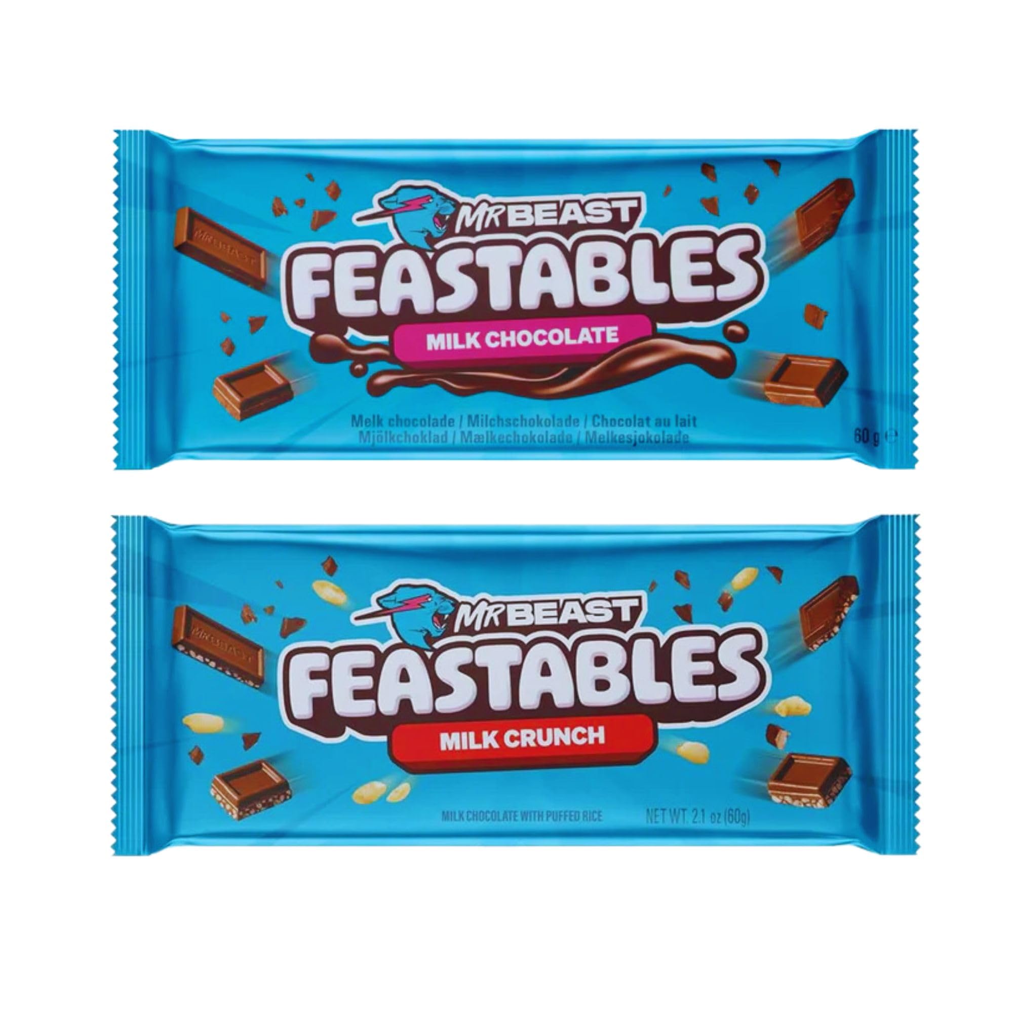 Feastables Mrbeast Milk Chocolate, Creamy Healthy Snack Individually Wrapped Bars for Dessert, Snacks Treats for Kids Small Gifts Presents (2× 60g, Milk Chocs & Milk Crunch)