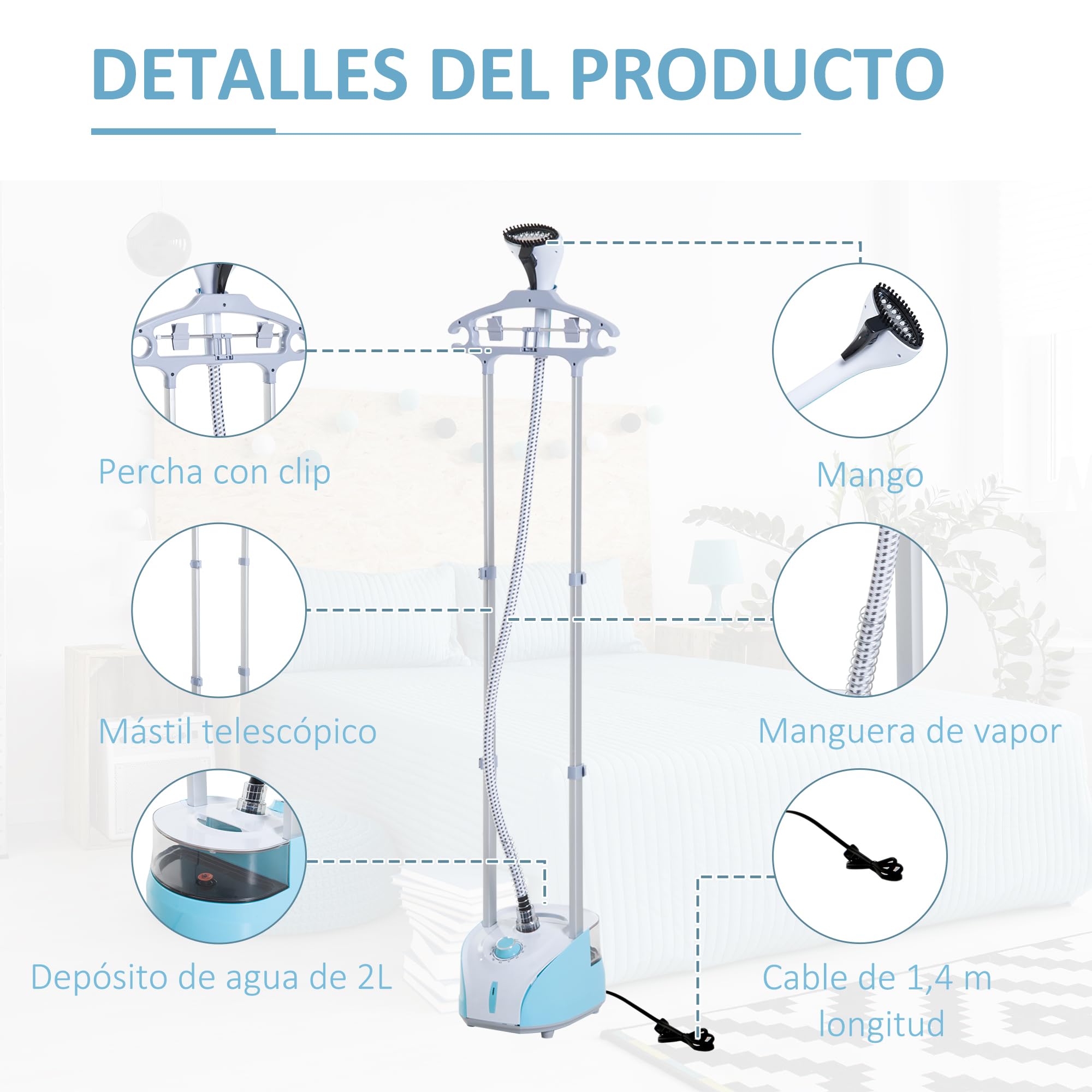 HOMCOM Plancha Vertical 1950W 2 L Plancha de Vapor Vertical con Temperatura Ajustable en 11 Niveles y Barra Telescópica Centro de Planchado Vertical para Hogar Oficina Azul