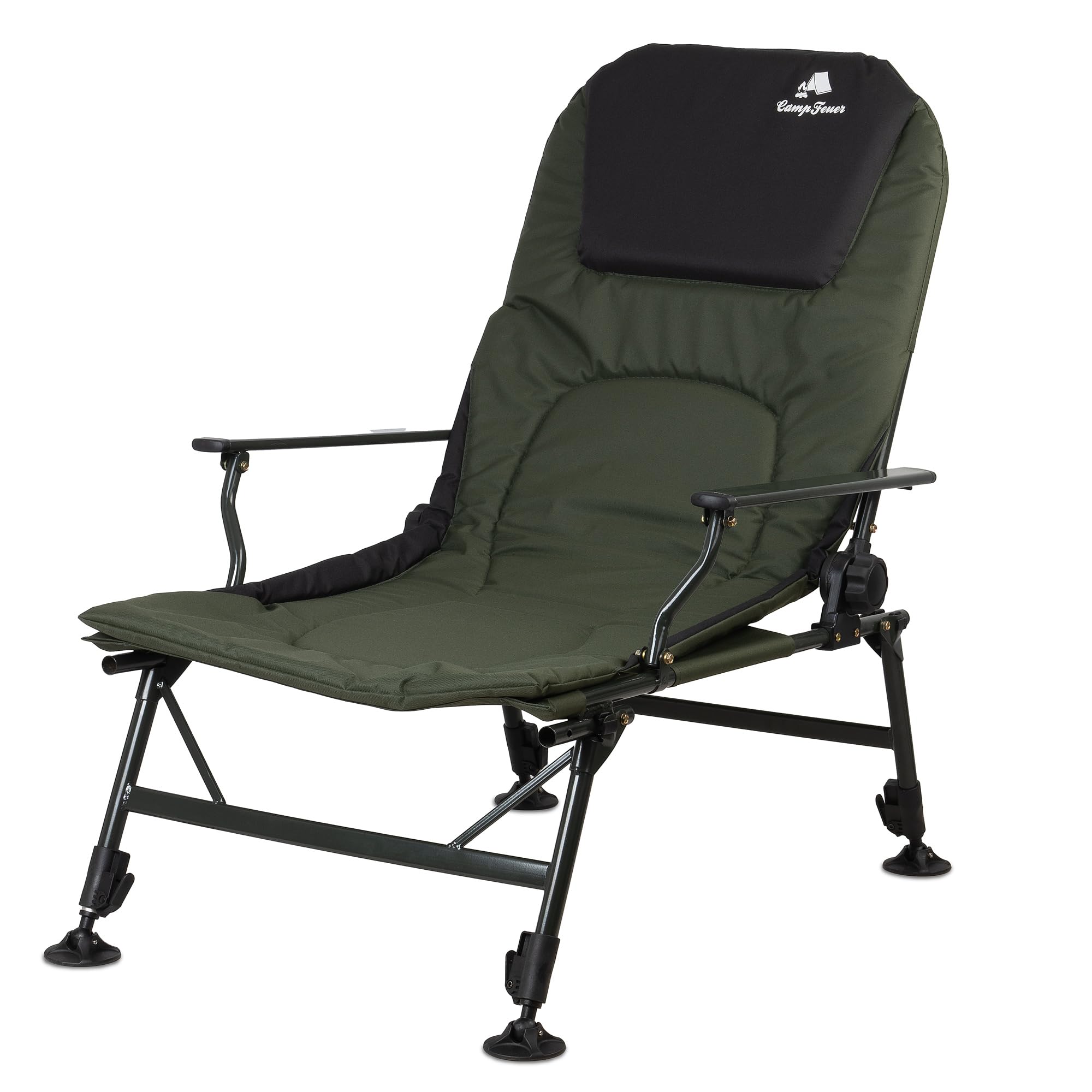 CampFeuer Silla de Pesca Plegable 2 en 1 Camuflaje Verde Oliva | Silla de Camping Regulable en Altura y Tumbona de Pesca | Silla de Viaje, para Camping, Acampada | Silla Plegable con Reposapiés