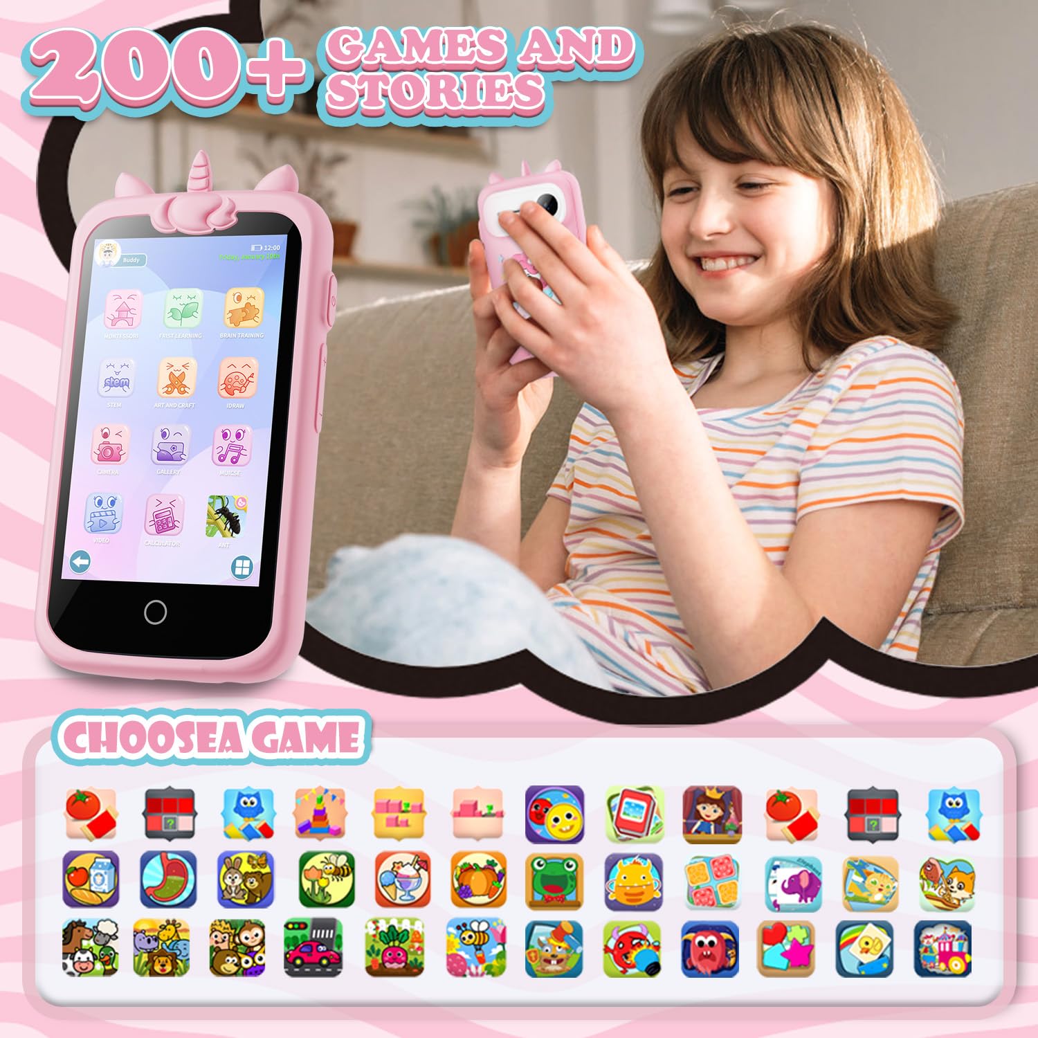 Smartphone Giocattolo per Bambini, 3.97" Cellulare Giocattolo Regalo Natale/Compleanno, 200+ Puzzle Gioco Smartphone Bambini, 2000mA Telefono Finto per 3 ai 12 Anni (Blu) (D2-pink-1)