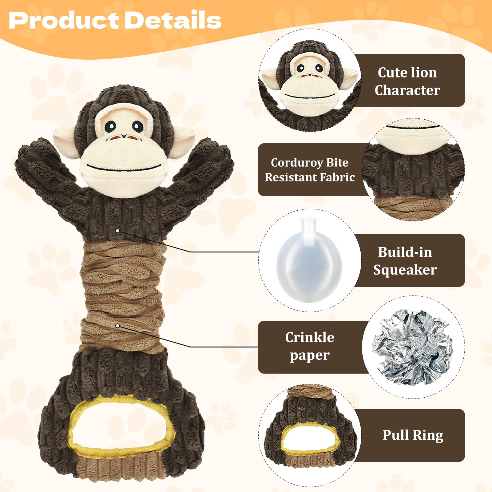Vehomy Dog Squeaky Toy Pet Plush Gorilla Toy Tug of War Dog Toy for Aggressive Chewers Puppy Interactive Toy with Crinkle Paper Squeaker for Small Medium Large Dogs - Image 3