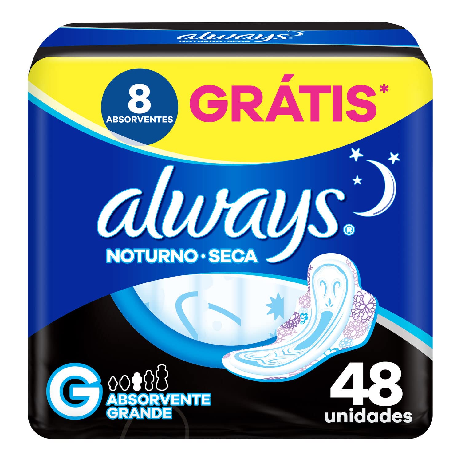 Absorvente Noturno Always Noites Tranquilas Cobertura Seca com Abas Leve 48 Pague 40, Always