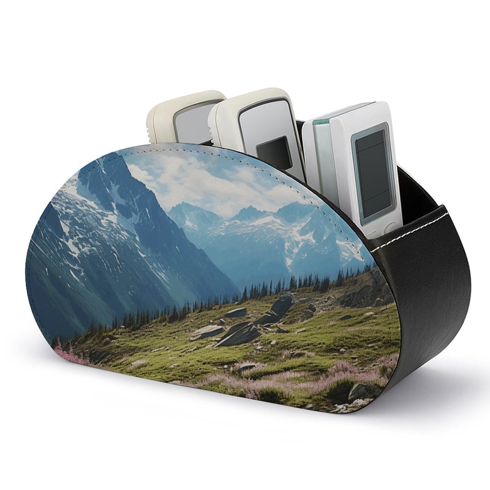 DWVTSLH Mountains Remote Control Holder with 5 Compartments - PU Leather TV Remote Holder Remote Caddy Desktop Organizer Makeup Brush Holder, Remote Storage Box for Home Office
