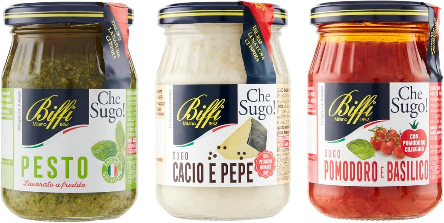 Biffi – Klassische italienische Soßenmischung – Pesto Classico 190 g - Sugo Cacio e Pepe 190 g - Tomaten-Basilikum-Soße – 3 Gläser 190 g