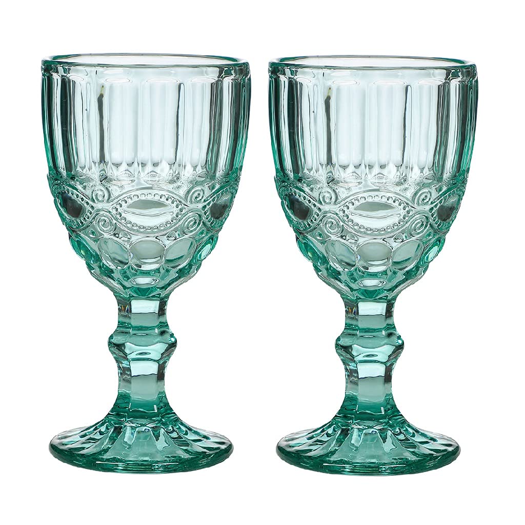 Dibor Wine Glass Set of 2 Turquoise Baroque Embossed 300ml Drink Goblets Alfresco Dining Glassware
