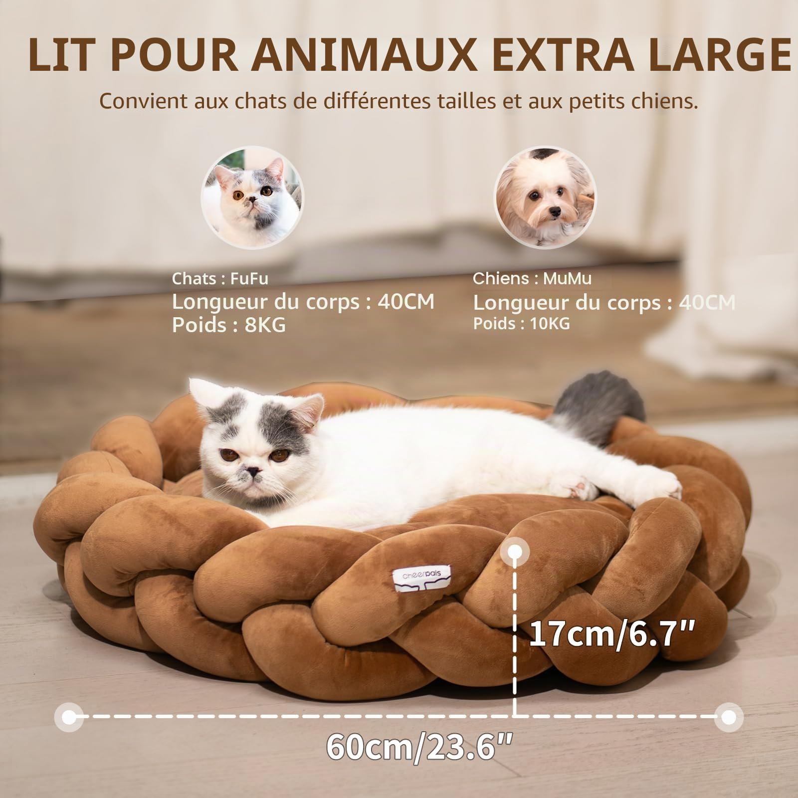 CheerPals Panier Chat Tressé, Coussin XL Très Épais (2,3 KG), Lit pour Chat Rond au Design Tressé pour Salon, Panier Douillet et Spacieux, 60x60x17 cm