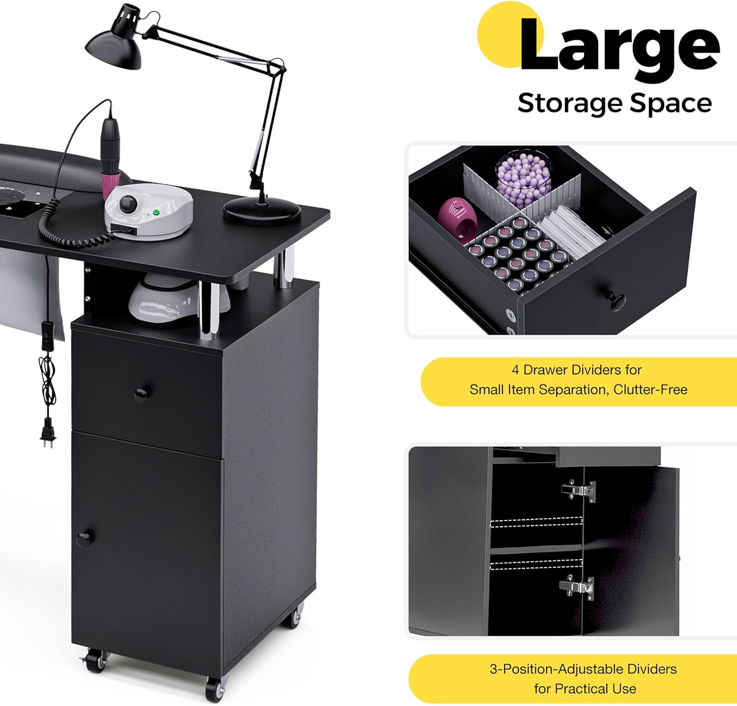 Manicure Table, Nail Desk Nail Tech Table with Dust Collector, Arm Rest, Wheels, Drawer & Cabinet, Beauty Salon Station, Black