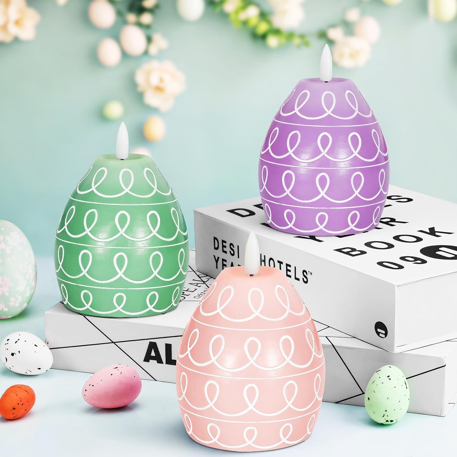 3PCS Easter Egg Flameless Candles – 5.2" Battery Operated LED Egg Candles with White Wave Pattern, Green Purple Pink Real Wax Finish, Flickering Flame for Easter Table Centerpiece Spring Home