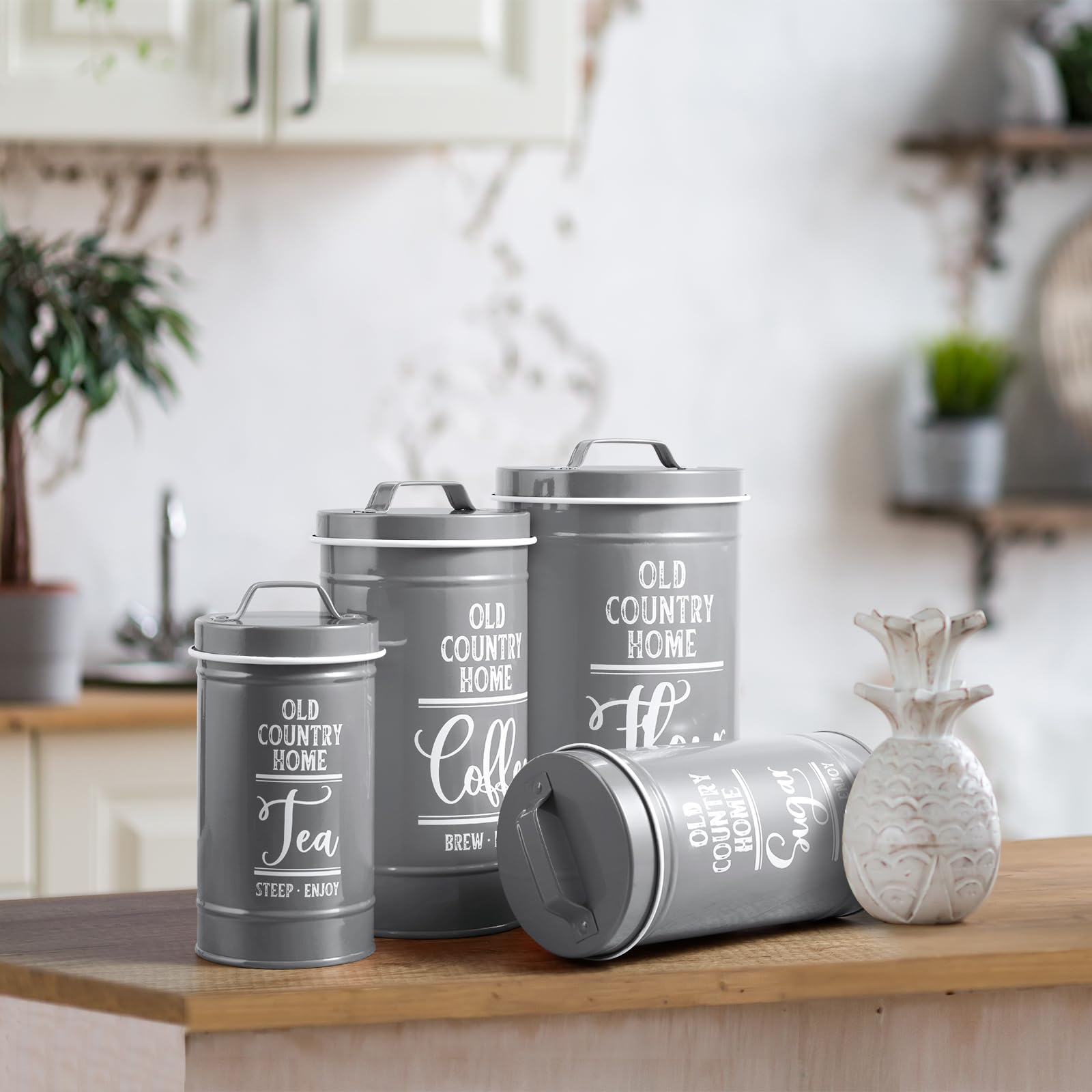 DAYYET Graue Dosen-Sets für die Küche, luftdichte Küchenbehälter für Arbeitsplatte, Mehl- und Zuckerbehälter, Tee-, Kaffee-, Zuckerdosen-Set, graue Küchendekoration und Zubehör, 4er-Set