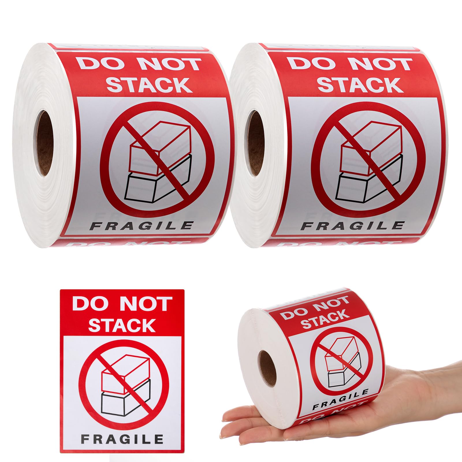 Fuyoooo 2 Rolls 3" x 4" 1000 Labels Do Not Stack Stickers, Heavy Duty Warning Labels for Shipping Boxes, Fragile Packages &amp; Moving - Extra Strong Adhesive, Red/White/Black Eye-catching Design
