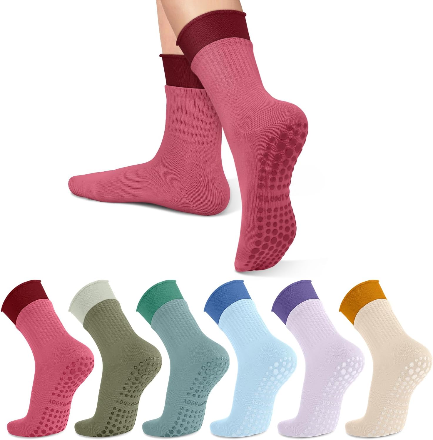 6 Pairs Pilates Socks with Grips for Women-Non-Slip Yoga Socks for Ballet Dance Barefoot Workout Pregnant Crew Socks