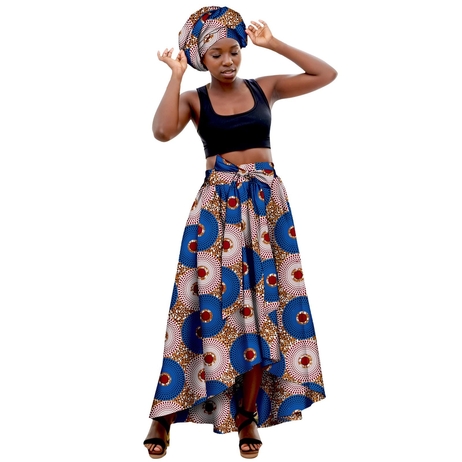 Générique Jupe Imprimée Africaine pour Femmes, Extensible Décontractée, Courte avec Turban pour Fêtes et Sorties