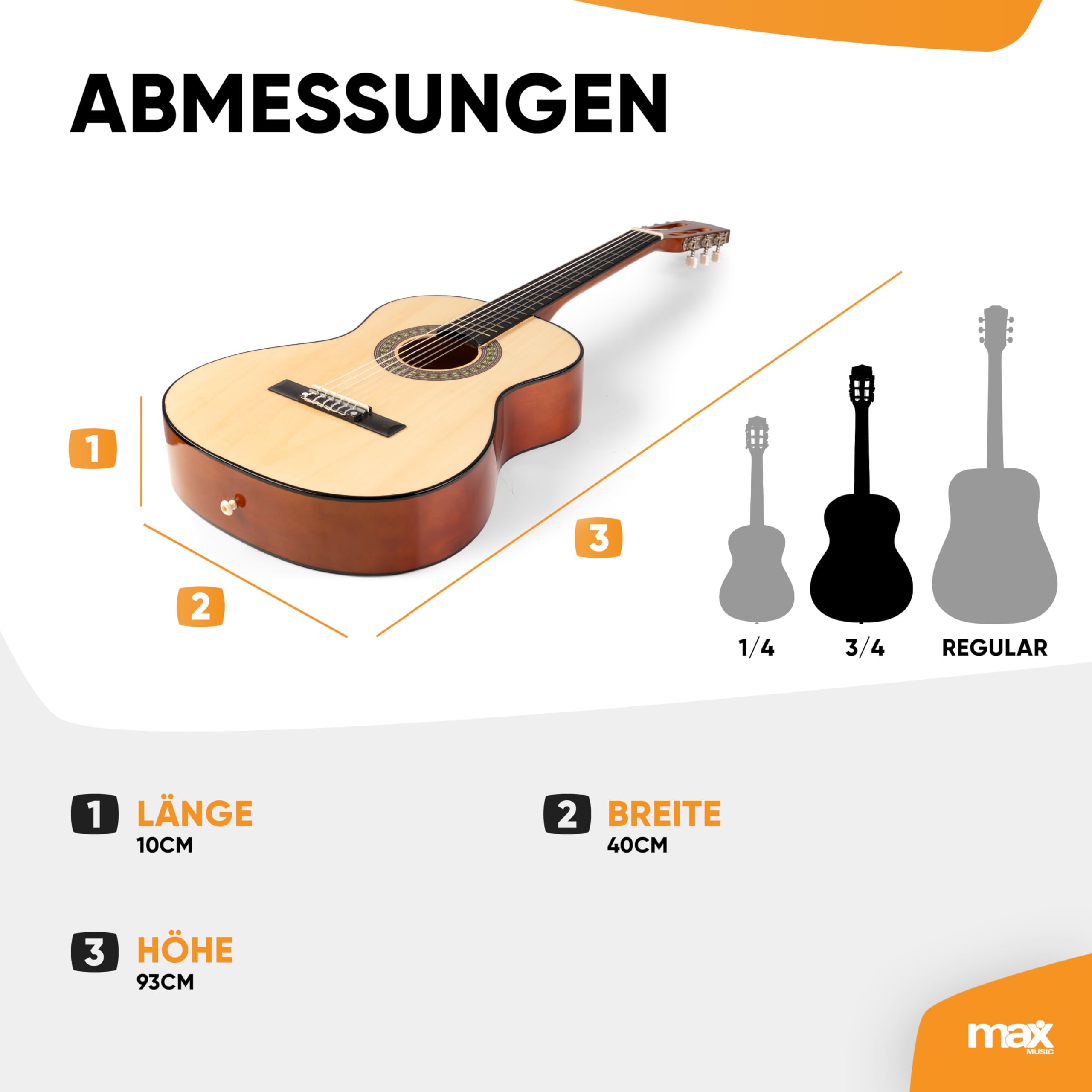 MAX SoloArt - Gitarre 3/4 Kindergitarre ab 6 Jahre, Junior Akustik Gitarre inkl. Gitarrenständer, Tasche, Plektrum, Gurt und Saiten-Zubehör, 3/4 Guitar Kinder ab 6 Jahren in Holz Ahorn