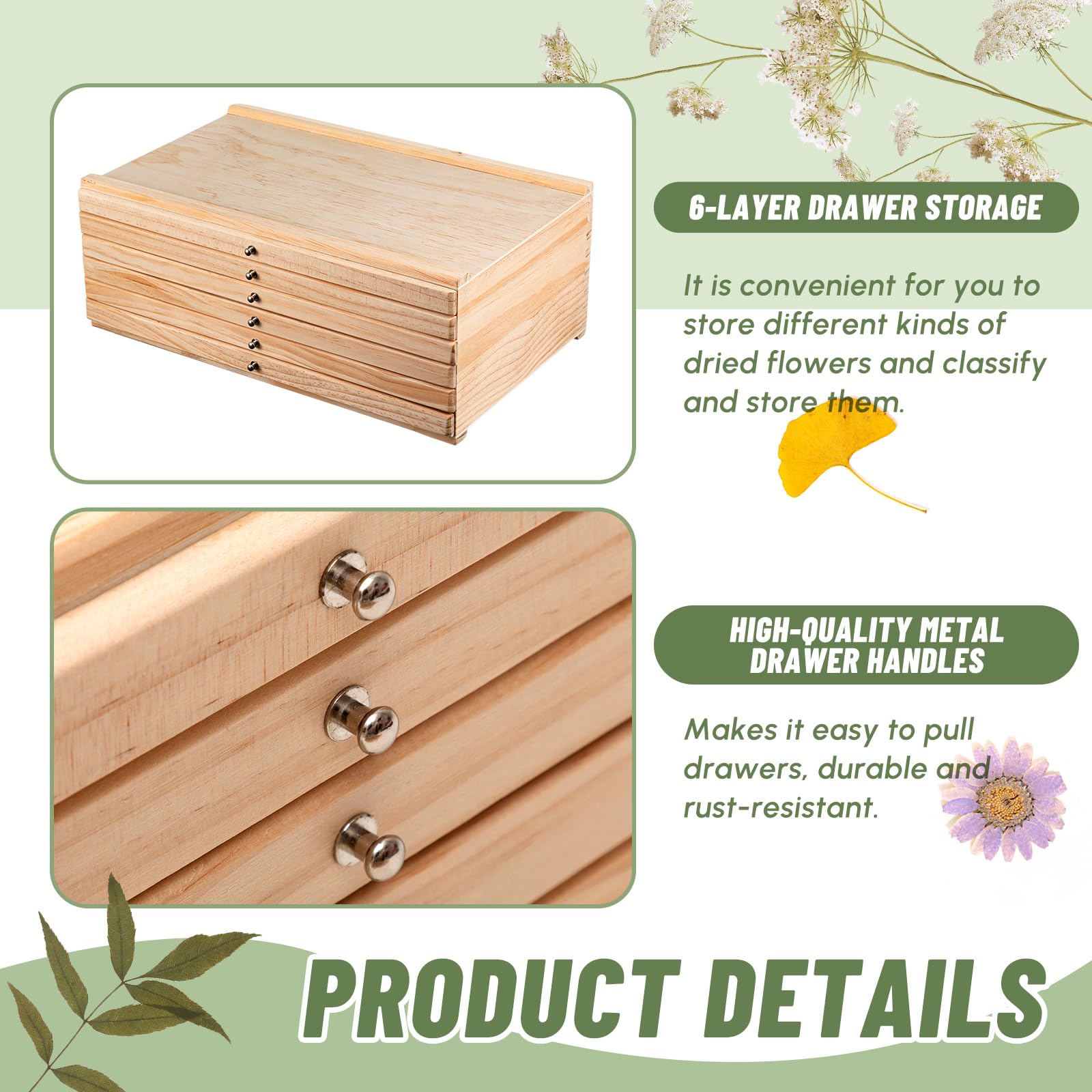 AceOrbit Aufbewahrungsbox aus gepresstem Holz mit 6 Schubladen, Künstlerbedarf, Aufbewahrungs-Organizer mit Löschpapier, Trockenmittel und Pinzette, getrocknete Blumen, Schubladenbox, Kunst-Organizer