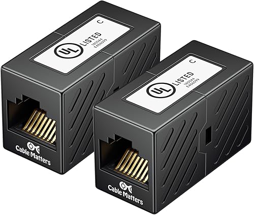 Cable Matters - Paquete de 2 acopladores Ethernet Cat 6 de 10 Gbps (acoplador RJ45, adaptador Cat6 RJ45 hembra a hembra, adaptador extensor Negro