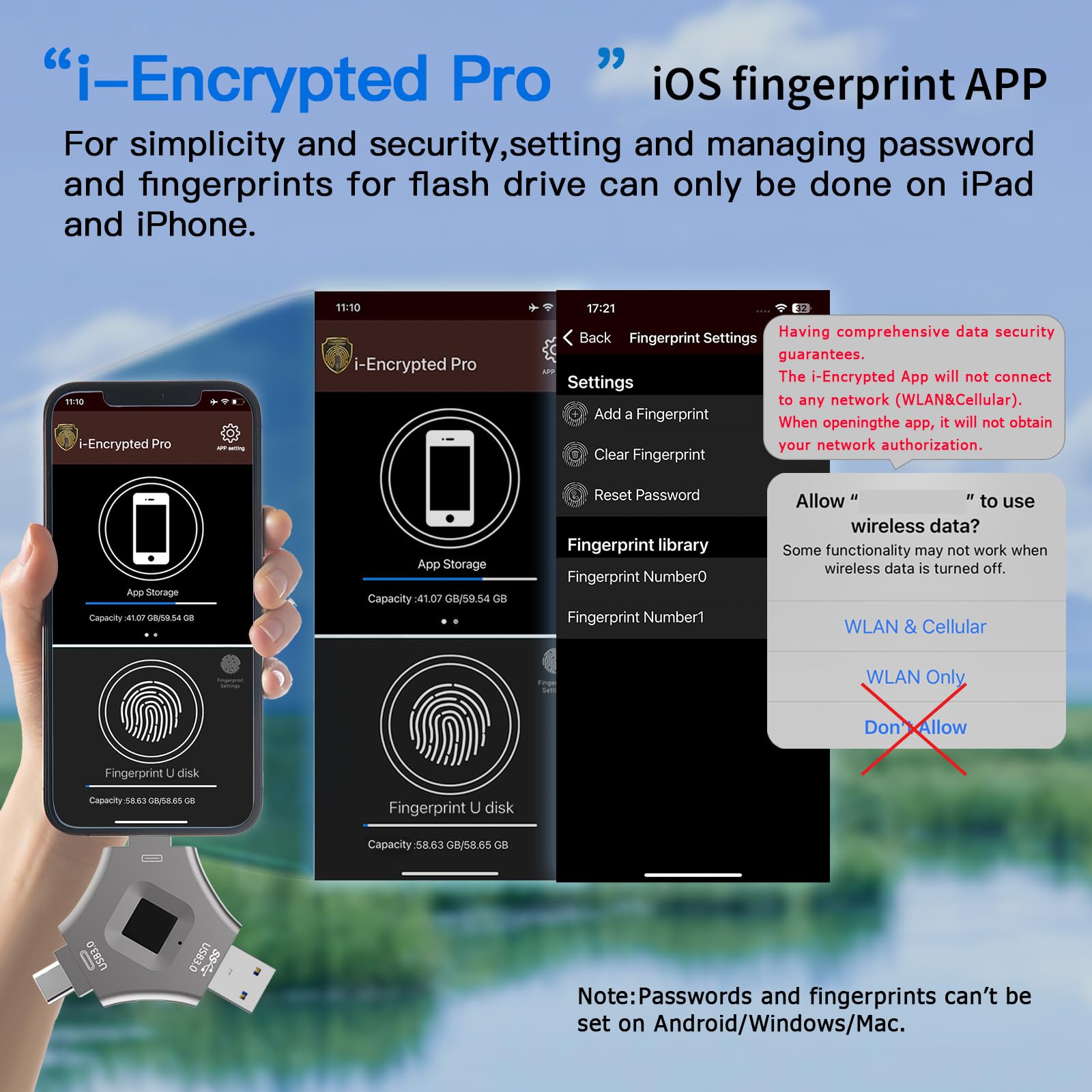 Adatto per iPhone USB 3.0 3 in 1 unità crittografata con impronte digitali, sicuro protetto da password disco USB crittografato archiviazione Adatto per Android/iPhone/iPad/PC