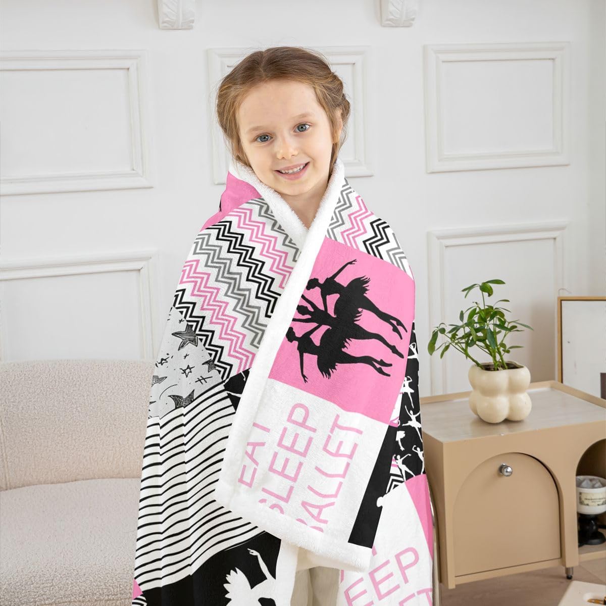 Ballet Fuzzy Blanket For Little Girls, Ballet Dancer Fleece Blanket Throw Size, Gymnastics Plush Bed Blanket For Kids Teens Women, Girly Geometric Checkered Throw Blanket For Bed Couch, Pink