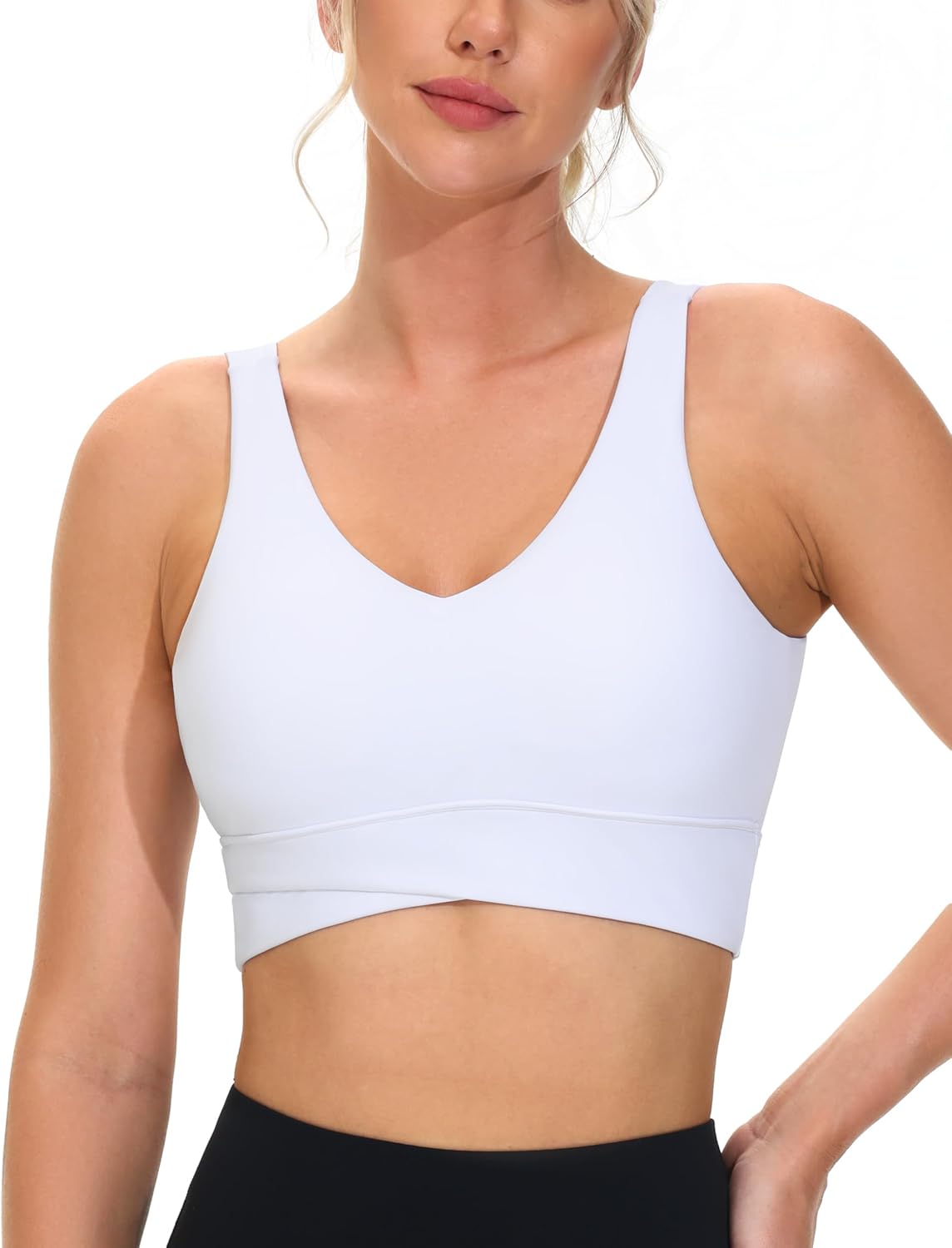 THE GYM PEOPLE Women's Padded Sports Bra V-Neck Wireless Stretchy Workout Crop Tops with Cross Hem Soft Yoga Bras