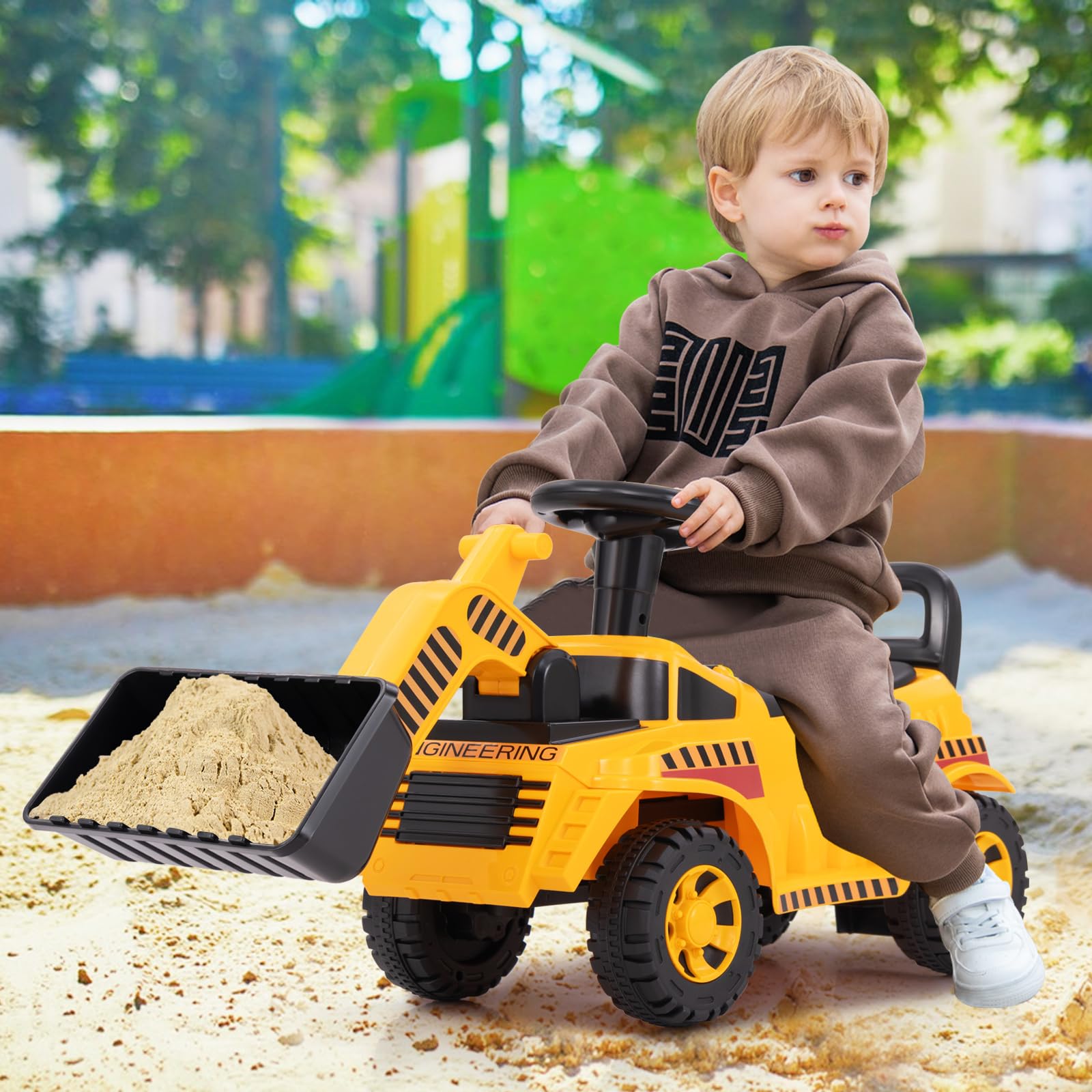 DREAMADE Bagger zum draufsitzen, Kinder Sitzbagger mit Flexibler Schaufel & Hupe & Kippschutz, Aufsitzbagger mit Stauraum unter Sitz, Sandbagger Sitzbagger Kinder ab 19 Monaten (Bulldozer)
