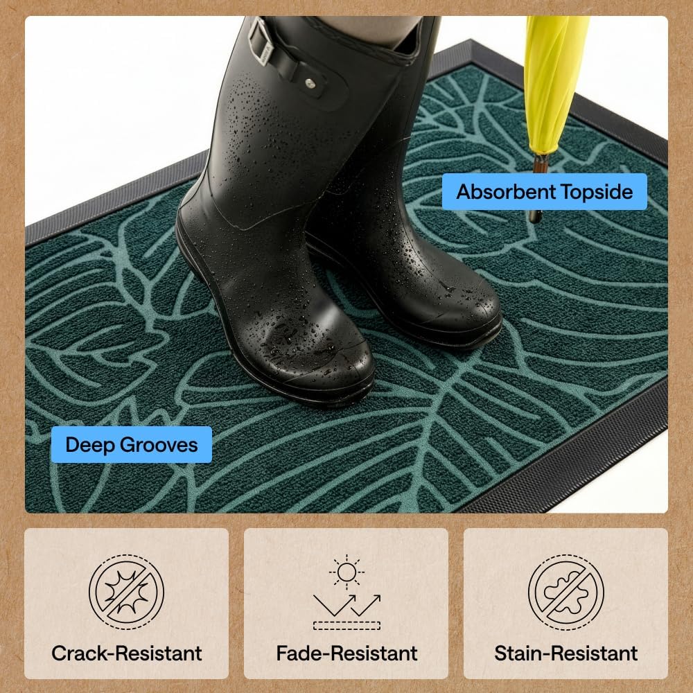 GORILLA GRIP 100% Waterproof All-Season WeatherMAX Doormat 35x23, US Designed Natural Rubber, Stain and Fade Resistant, Low Profile Indoor Outdoor Door Mats, Easy Clean Patio Mat, Green Palm