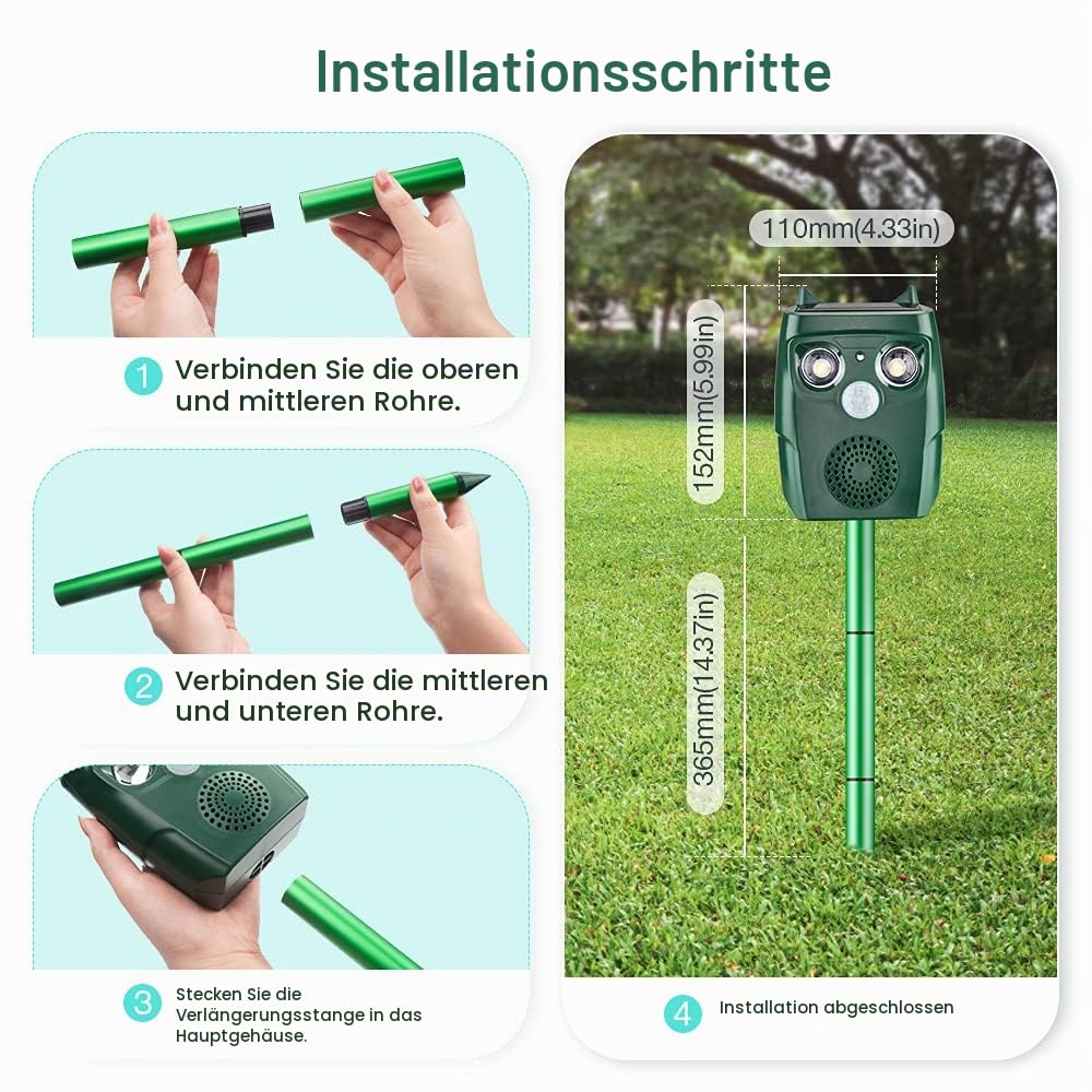Solarbetriebenes Katzenschreck für Garten, Katzenschreck Ultraschall Solar wasserdichte, Tiervertreiber Katzenabwehr für Katzen, Hunde, Vögel, Mäuse, Hund Draussen, USB und Solarladung