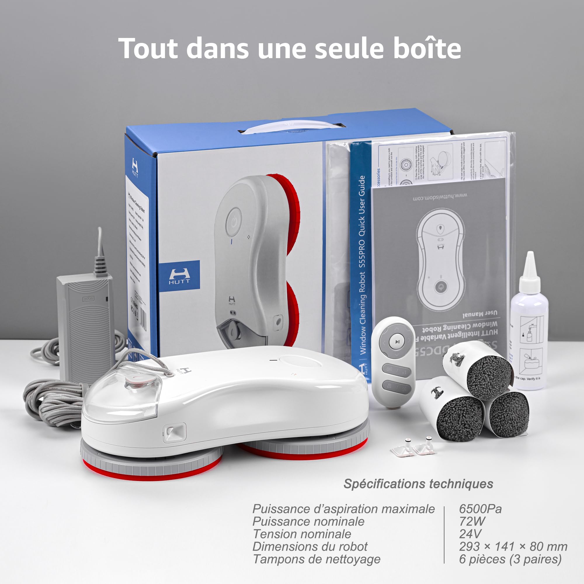 HUTT S55 Pro Robot Nettoyeur de Vitres 6500Pa, Robot Laveur Vitre avec Patins 3D Flottants, Pulvérisation HydroJet, Navigation Slam 4.0, Réservoir 80ml, Système de Sécurité Multicouche