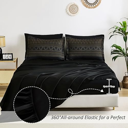 Miniatura 3 de WONGS BEDDING - Juego de edredón queen de 7 piezas, edredón geométrico de rayas negras y doradas estilo boho para cama queen en una bolsa, juego de