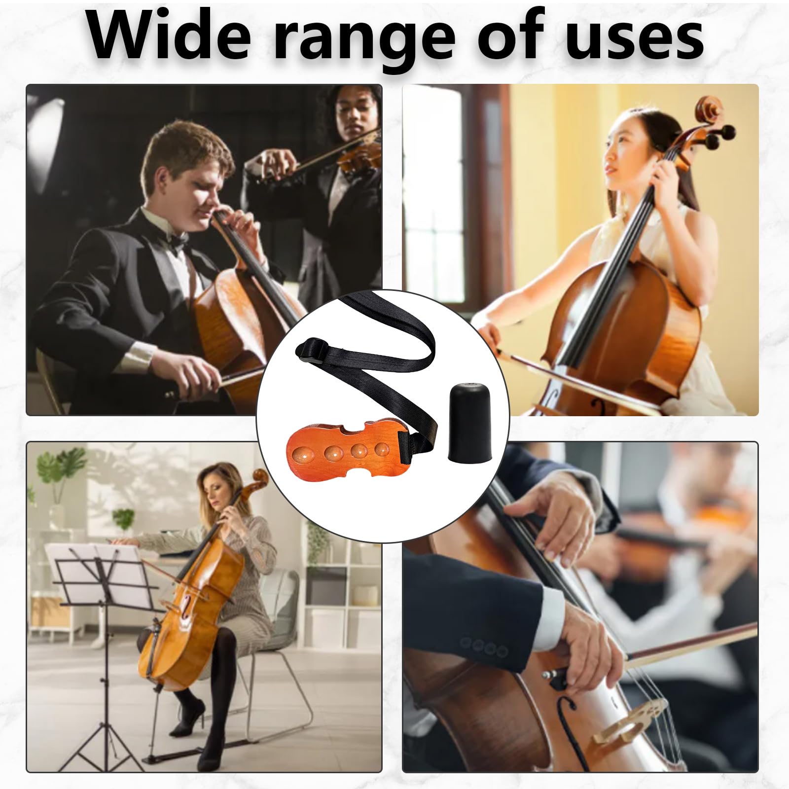 Cello - Cinghia antiscivolo per violoncello in legno, con 2 tappi antiscivolo per violoncello, supporto antiscivolo per pin, supporto per violoncello antiscivolo con 4 fori, cinturino in nylon