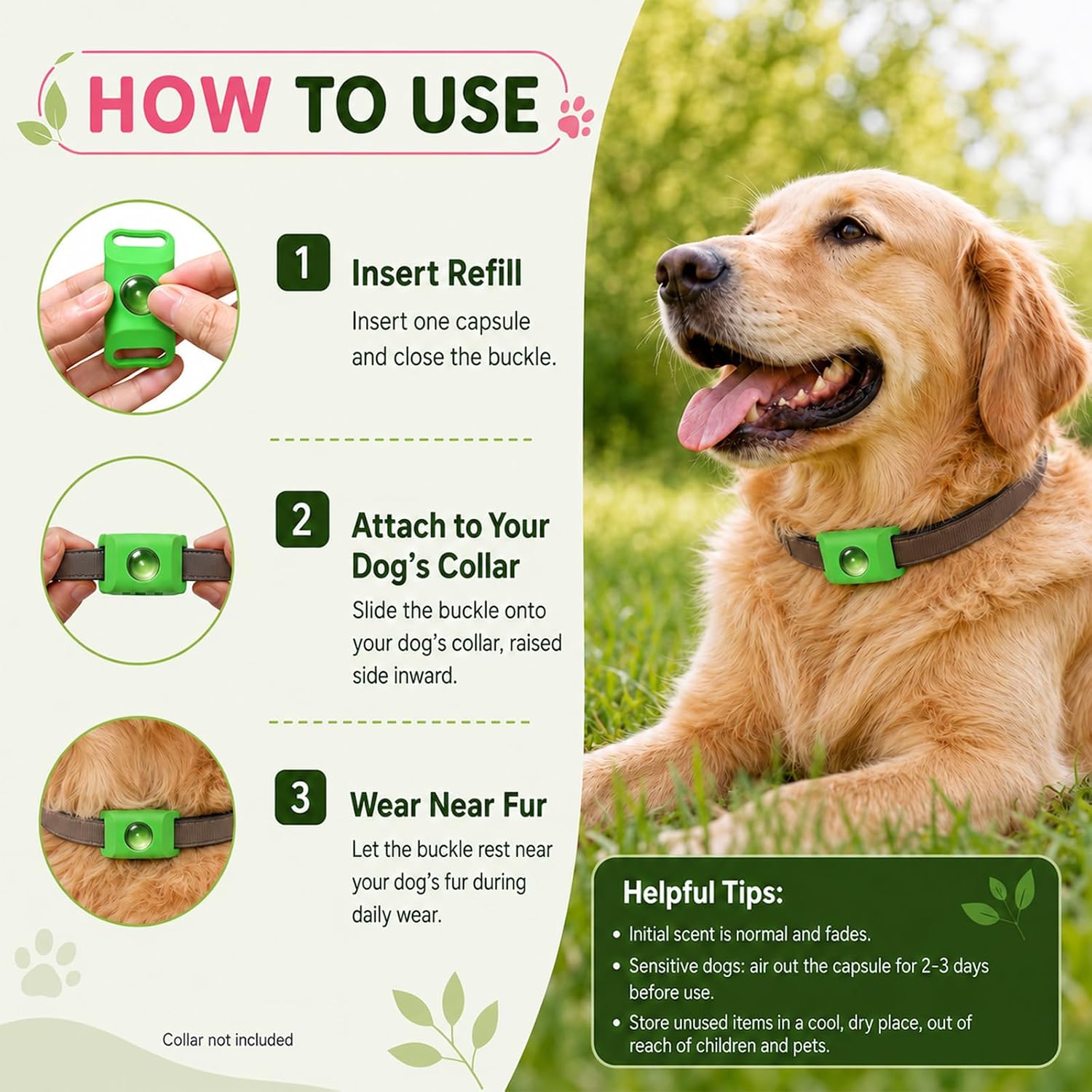 Natural Flea and Tick Repellent Buckle for Dogs, Dog Flea & Tick Control Pendant Tag, Water-Resistant Silicone Buckle with 1 Refill Capsule for Most Dog Collars