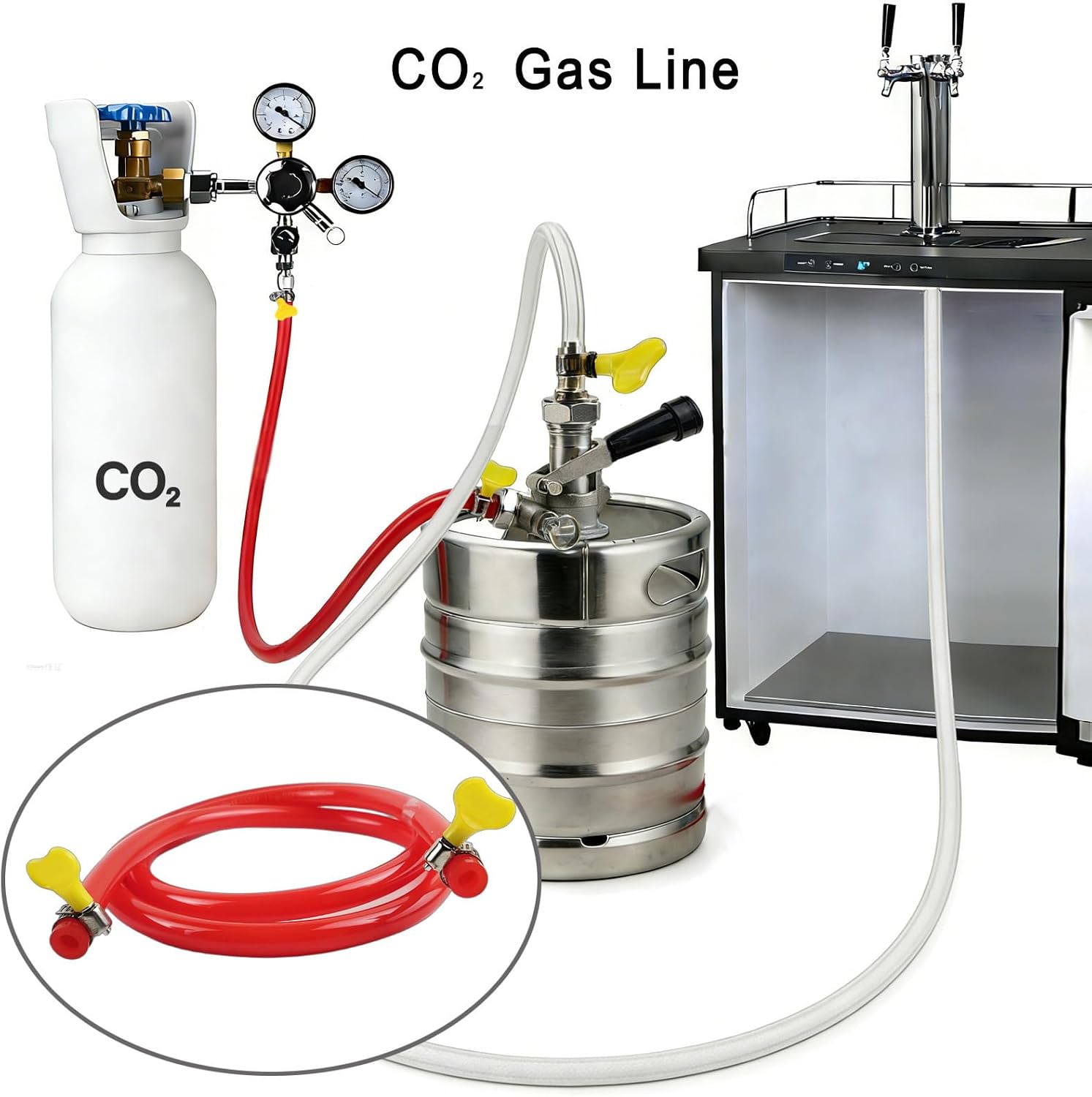 5ft PVC CO2 Gas Hose for Kegerator - 5/16" ID x 9/16" OD Food-Safe Beer Line (Max Temp 212°F) with 2 Hose Clamps, Compatible with Homebrew Keg Dispen (Red, 5 Foot)