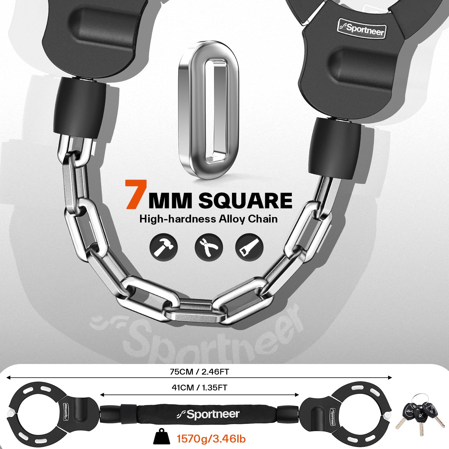 Sportneer E Scooter Schloss, 7MM x 75CM Schloss für E Scooter mit Schlüssel Fahrradschloss Ebike Hohe Sicherheit Handschellenschloss für E Scooter/Fahrräder/E-Bike/Motorrad
