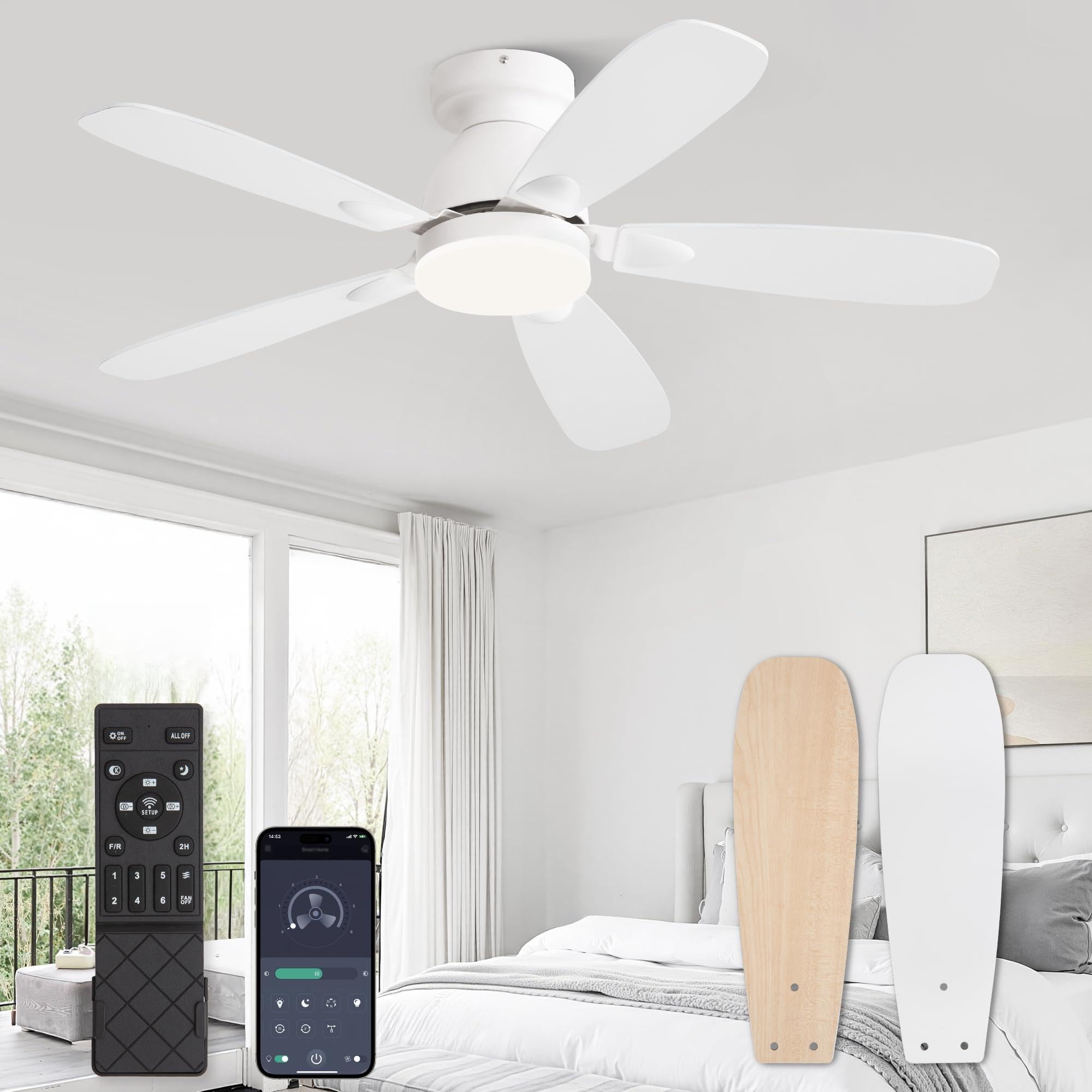 Photo 1 of Glowivia 42 Inch Ceiling Fans with Lights and Remote Control,Modern Flush Mount Ceiling Fan with 3CCT Dimmable,Low Profile Ceiling Fans with 6-Speeds Reversible DC Motor for Bedroom Living Room(White)