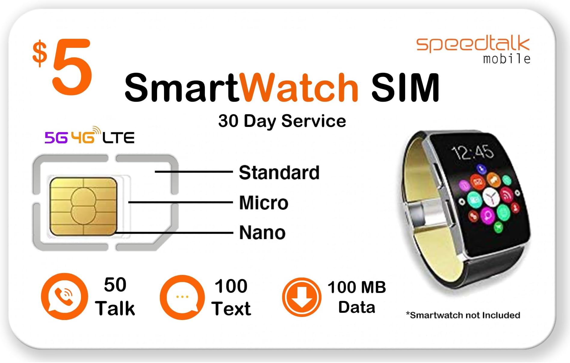 SpeedTalk Mobile SmartWatch SIM Card for 2G 3G 4G LTE GSM Smartwatches and Wearables
