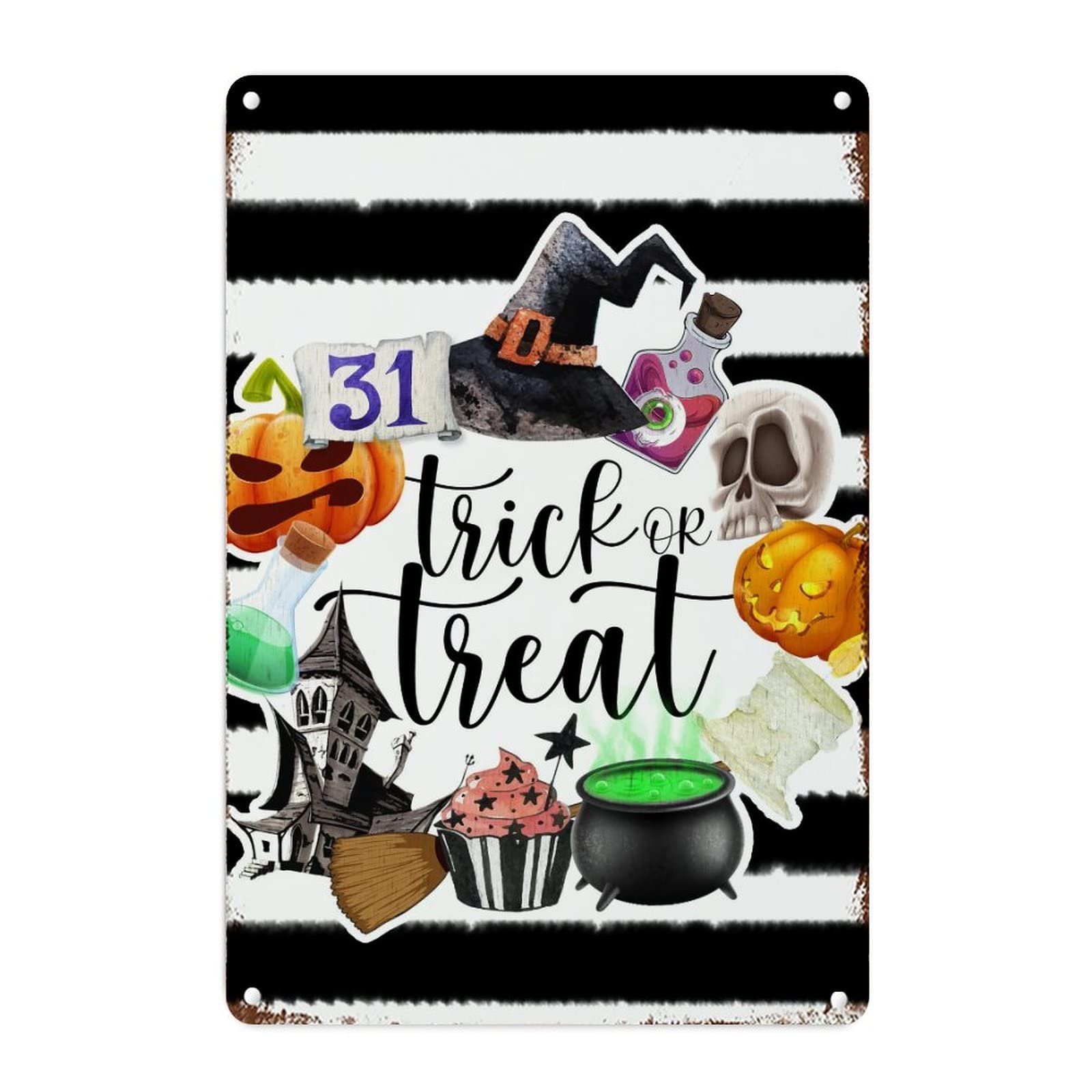 Plaque en métal de décoration murale Trick or Treat noire et blanche pour Halloween