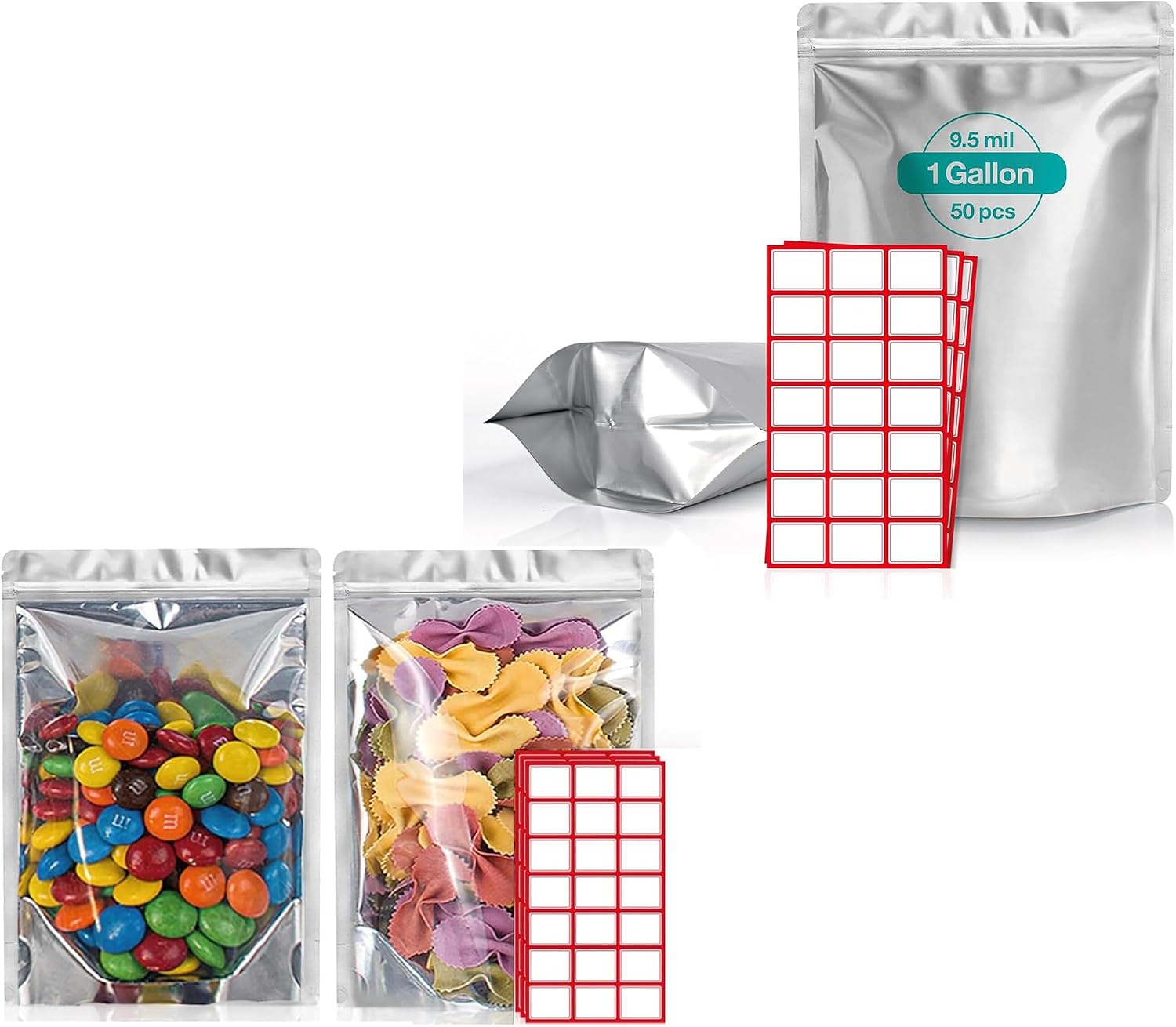 BELLE KR® Mylar Bags Bundle – 5"x8" Pint (300 Pcs, 7.5 Mil Gusseted) + 1 Gallon (50 Pcs, 9.5 Mil Stand Up) Food Storage Bags, Clear Front, Resealable, Labels Included