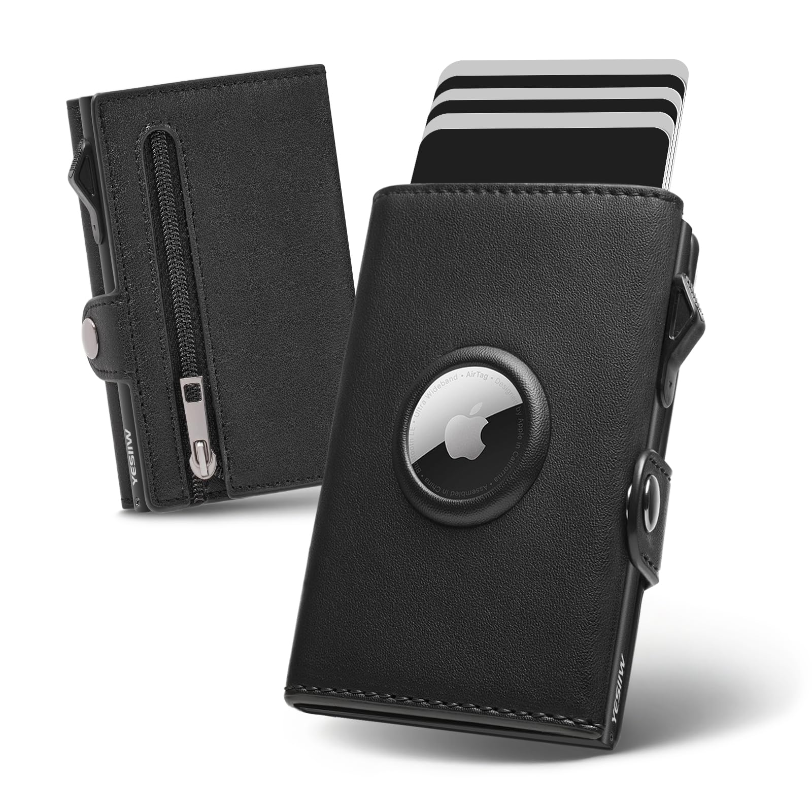 YESIIW Portafoglio Uomo Airtag Slim Wallet, Porta Carte di Credito Uomo RFID Blocco, Pop up Alta Capacità Smart Portacarte per 12 Cartes con 2 ID Window, Tasca Portamonete con Cerniera, Nero