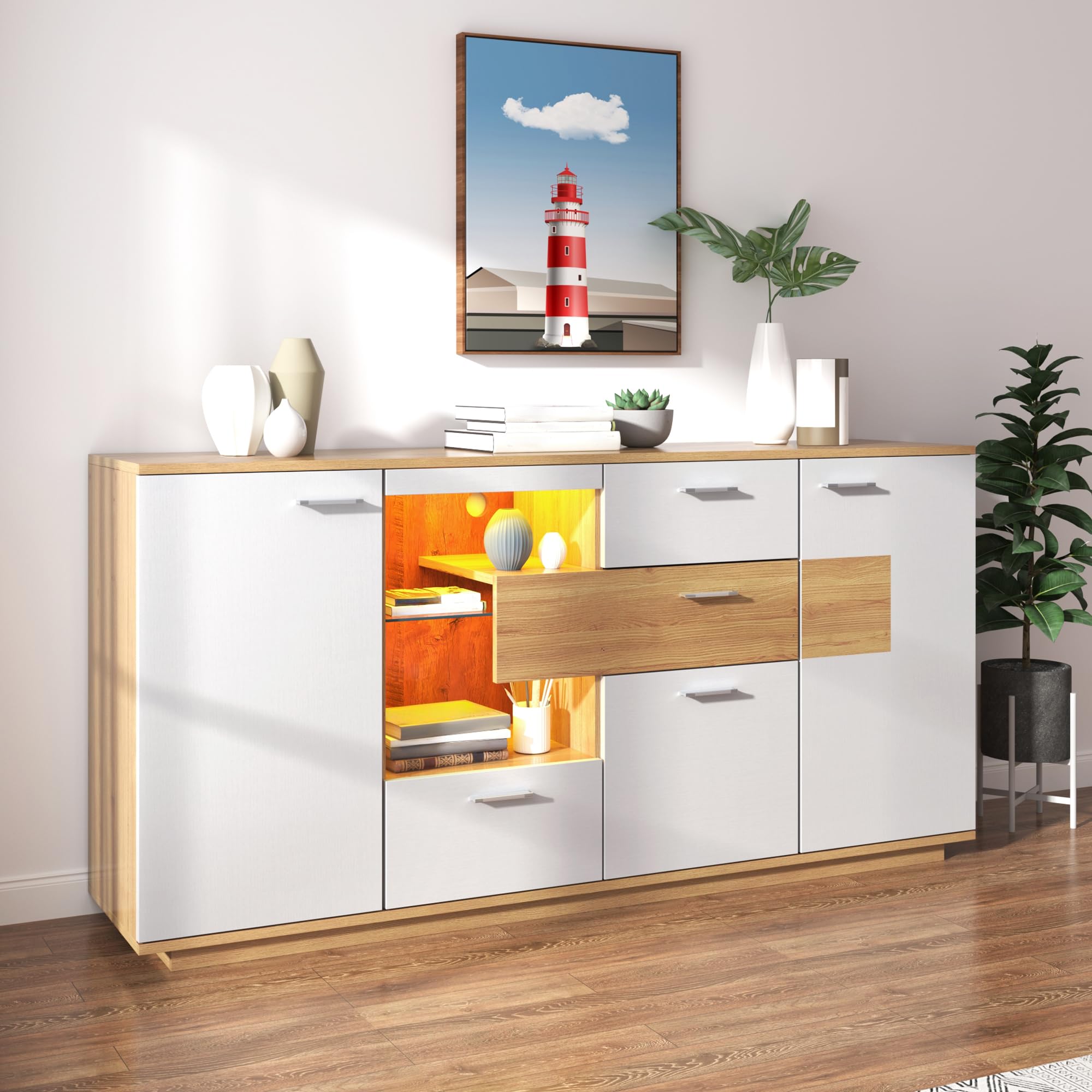 LAKFEW Aparadores para Salon con LED y Estante de Cristal, Aparador Salon con 4 Cajones y 2 Puertas, Aparador Entrada, Muebles de Salon Mueble Auxiliar Salón, 160x40x77 cm, Color Madera+Blanco