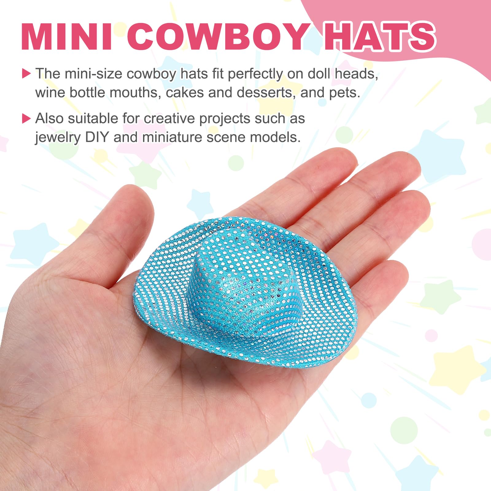 PATIKIL Mini Cowboy Hats, 8 Pcs Miniature Western Cowboy Hat for Crafts Party Decoration, Doll Pet Dress Up, Glitter Dot Style, Blue - Image 3