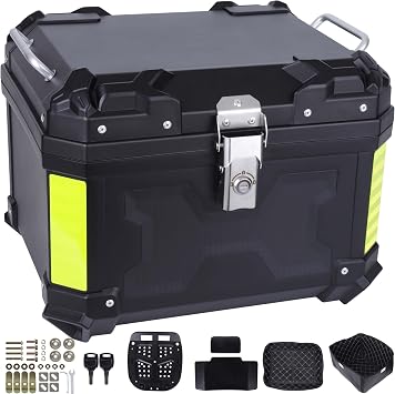 Motorcycle Top Case 45L Trunk Tail Box Bag Aluminum alloy handle with Leather Lining Anti-Theft with Lock & Back Cushion Waterproof Dustproof Easy Installation with Universal Bracket Black