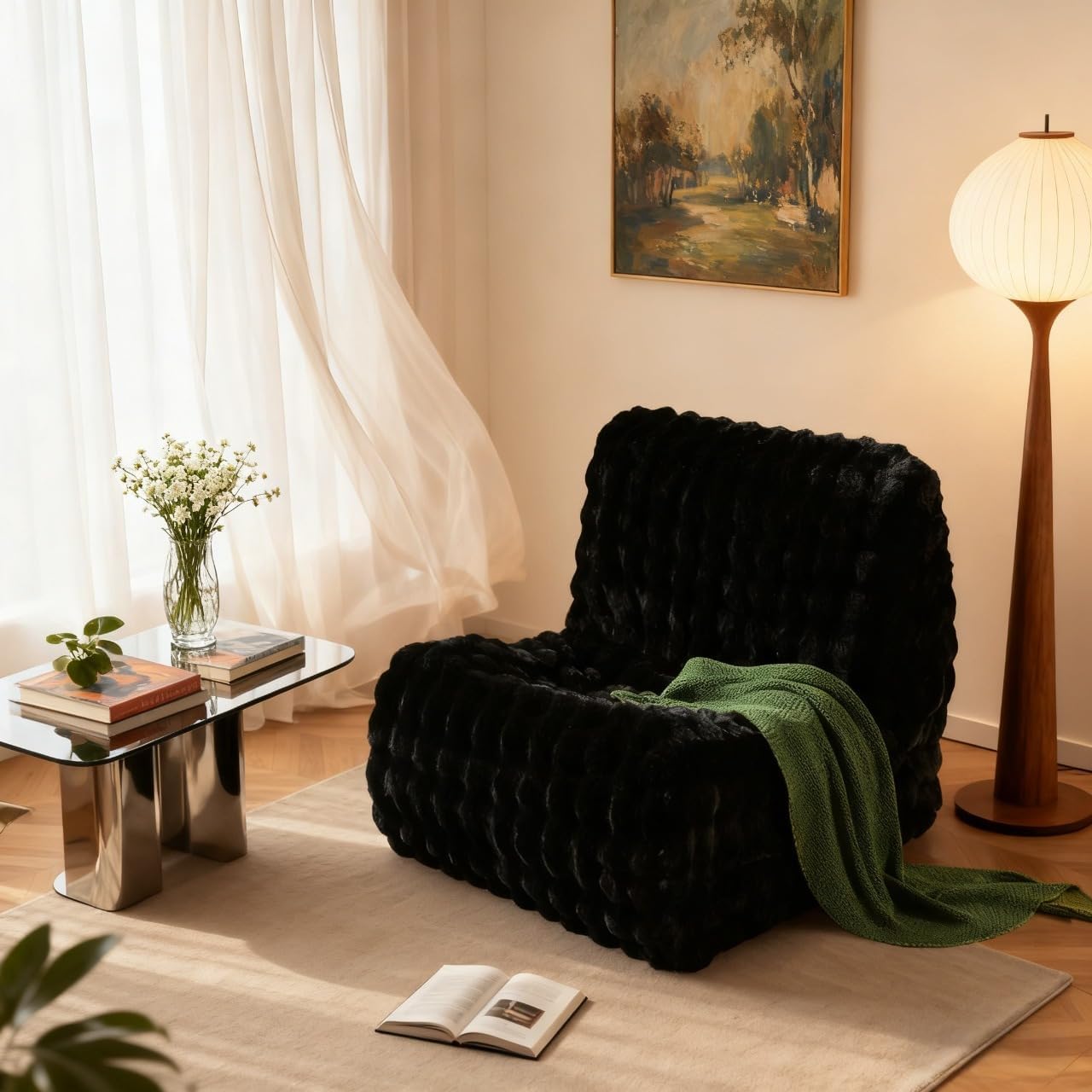 Bean Bag Chair for Adults, Oversized Bean Bag Chair with Plush Faux Fur, Lazy Floor Sofa, Comfy Reading Nook Chairs, Couch Single Sofa for Living Room Bedroom Office (Black)