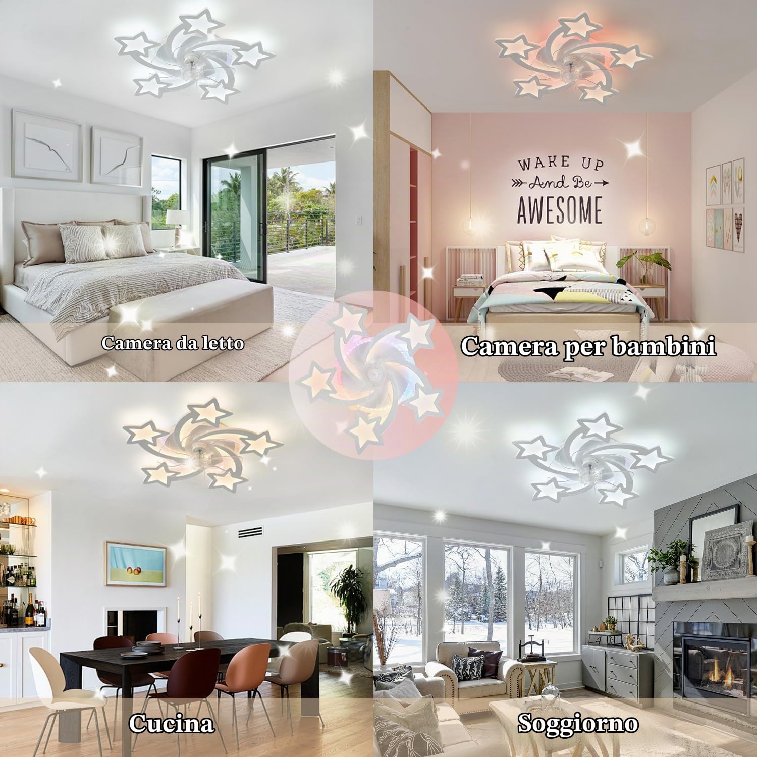 Lampada ventilatore da soffitto con luce e telecomando silenzioso, Ceiling Fan With Light con luce RGB regolabile a 6 velocità per soggiorno, sala da pranzo bianco